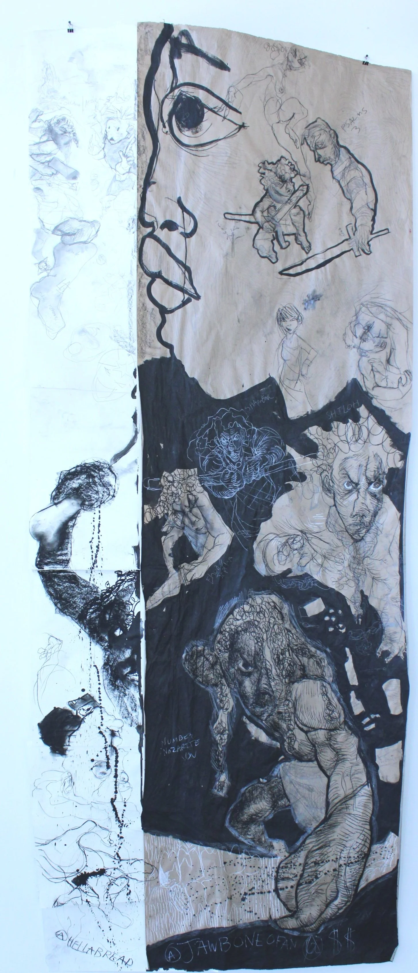 Judges, Kings, and Priests, Graphite pencil, ink, charcoal, and white pencil on collaged paper, 126 inches x 51 inches, 2022.