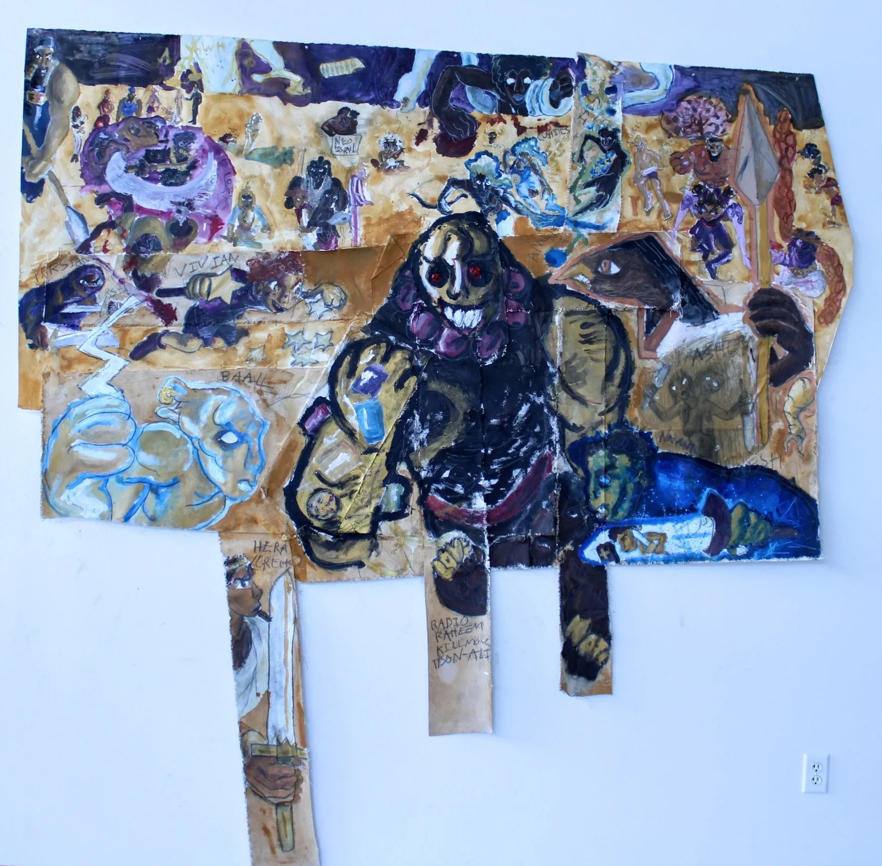 Gods and their Nations, Acrylic paint, graphite pencil, and unstretched canvas strips on Arches paper 52 inches x 96 inches, 2023.