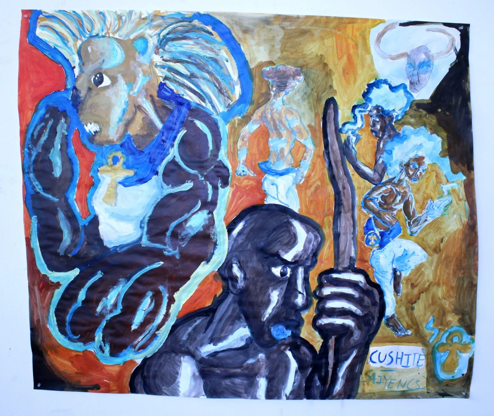 Cushite gods, Acrylic paint on Mixed media paper, 56 inches x 48 inches, 2023.