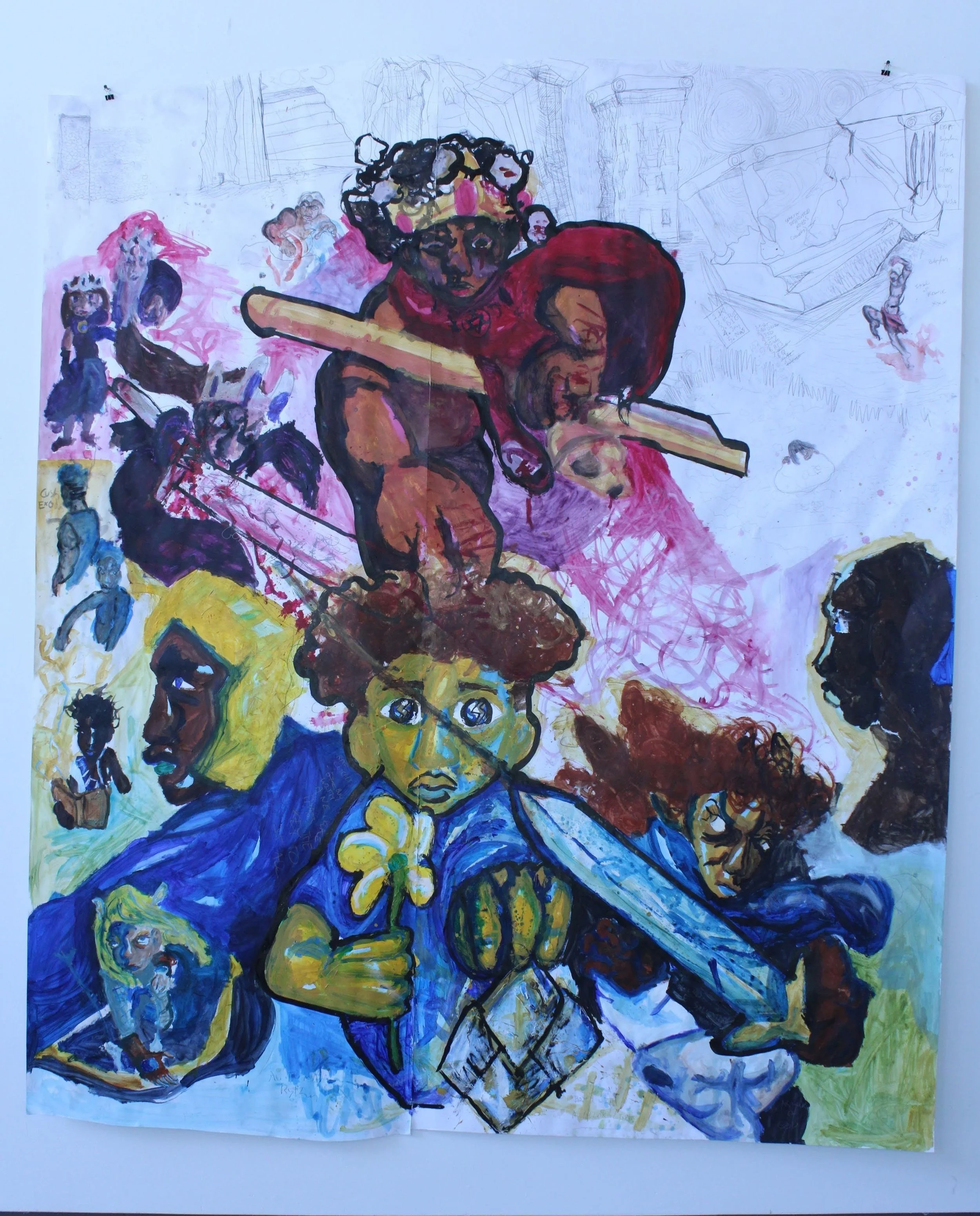 Genesis, Acrylic paint, watercolor, and graphite pencil on mixed media paper, 99 inches x 84 inches, 2022.