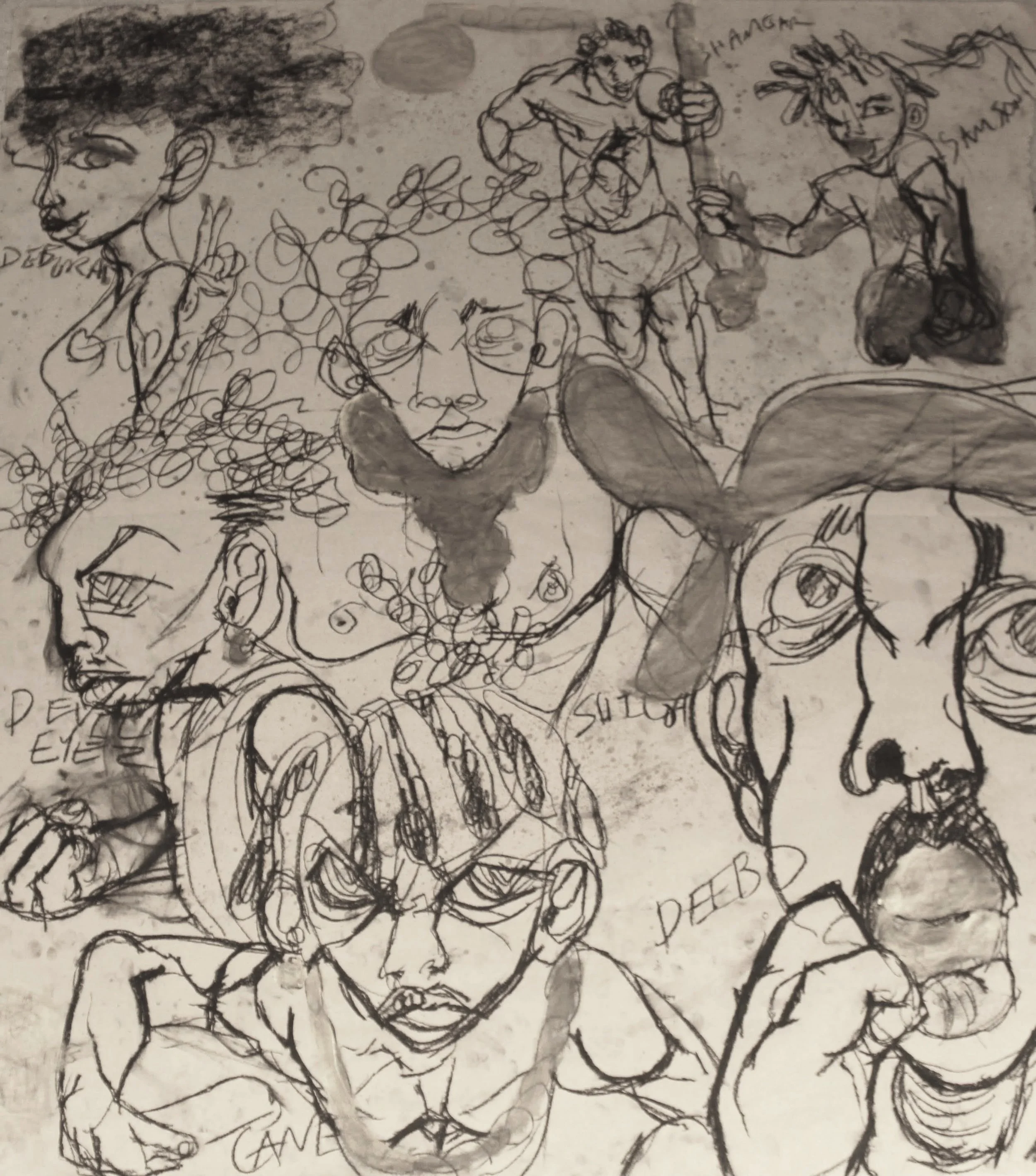 Judges (Gang-members), Charcoal and acrylic paint on Kraft paper, 36 inches x 36 inches, 2022. (Photographed by Jessica Davis)