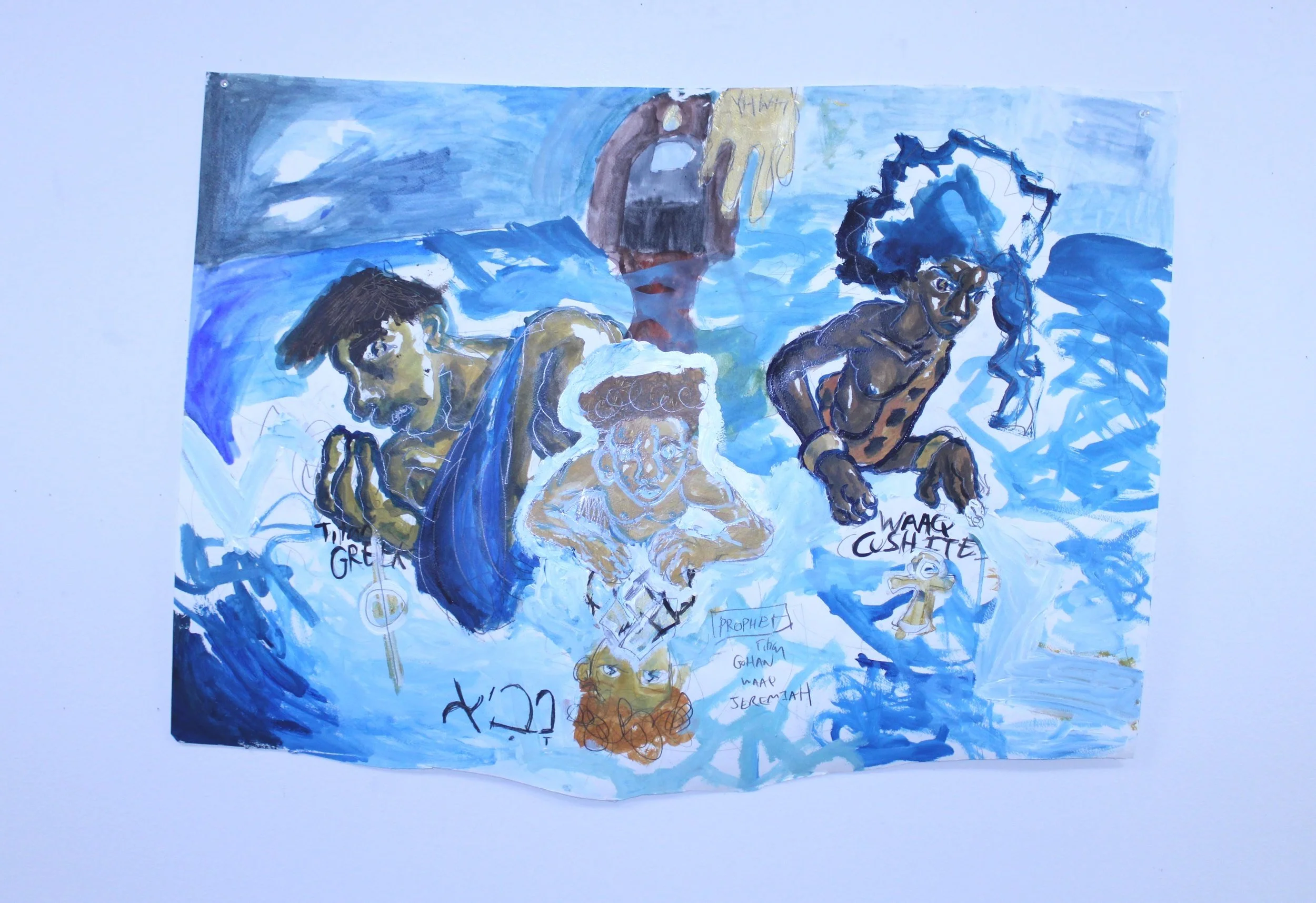 Prophet (Cushite-Greek), Acrylic paint, watercolor, and graphite pencil on Watercolor paper, 42 inches x 34 inches, 2023.