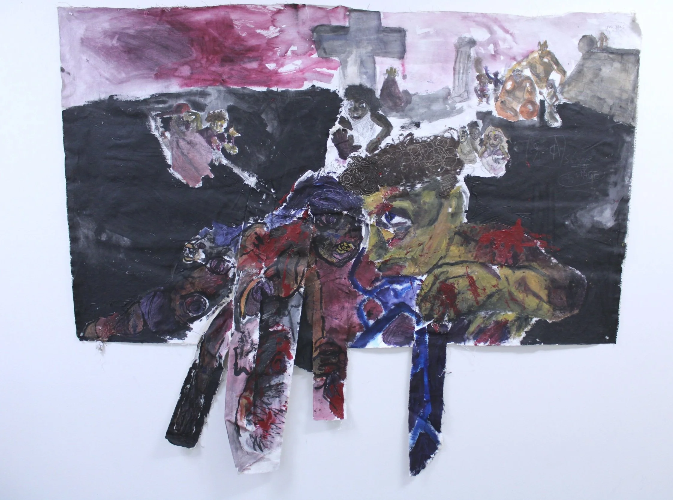 Tearz II, Acrylic paint and collaged canvas strips on Unstretched Canvas, 62 inches x 58 inches, 2023.