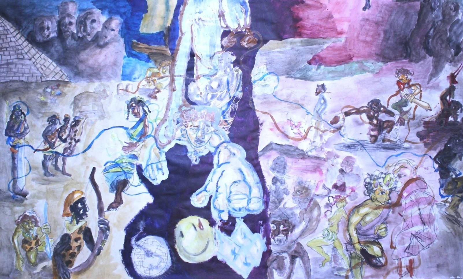 From Nubia to the Crow, Watercolor, acrylic paint, and graphite pencil on Mixed media paper, 36 inches x 68 inches, 2023.