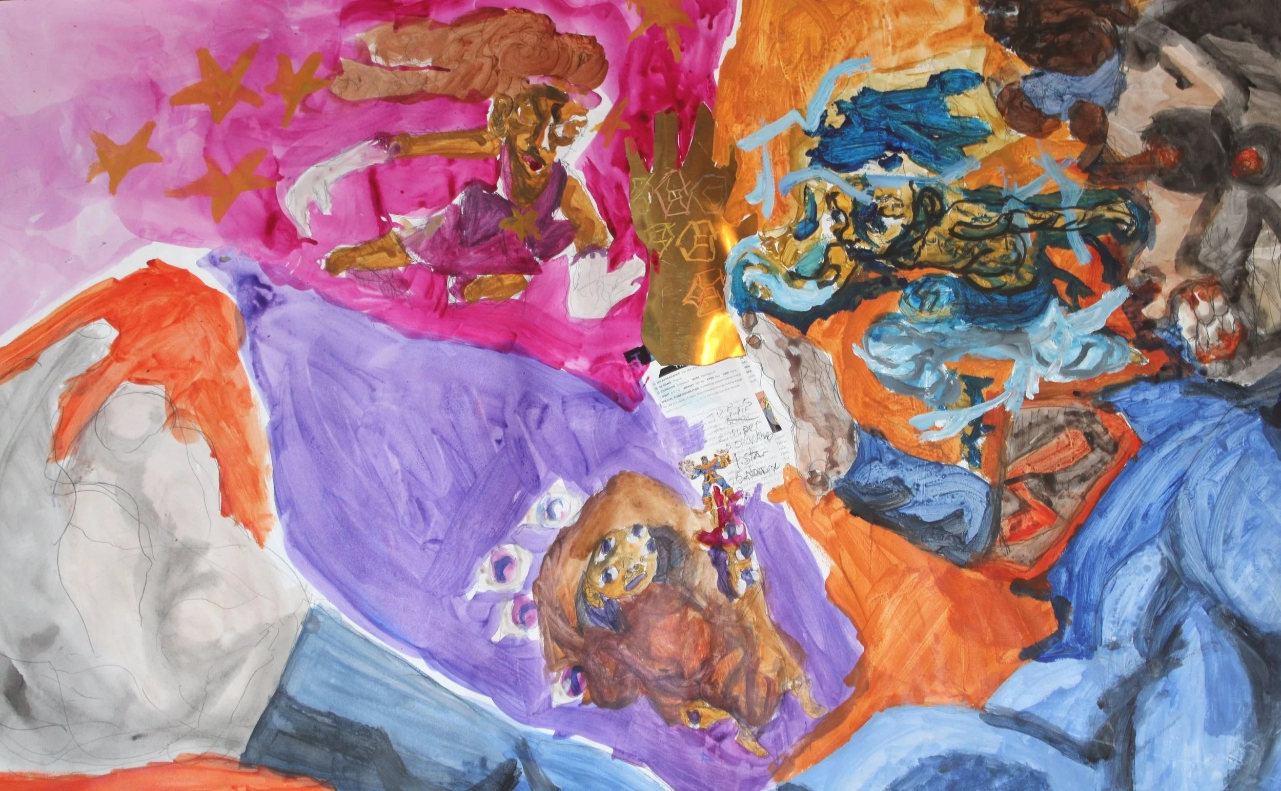 Top 5// Thanos, Acrylic paint and collage on Mixed media paper, 48 inches x 26 inches, 2022.