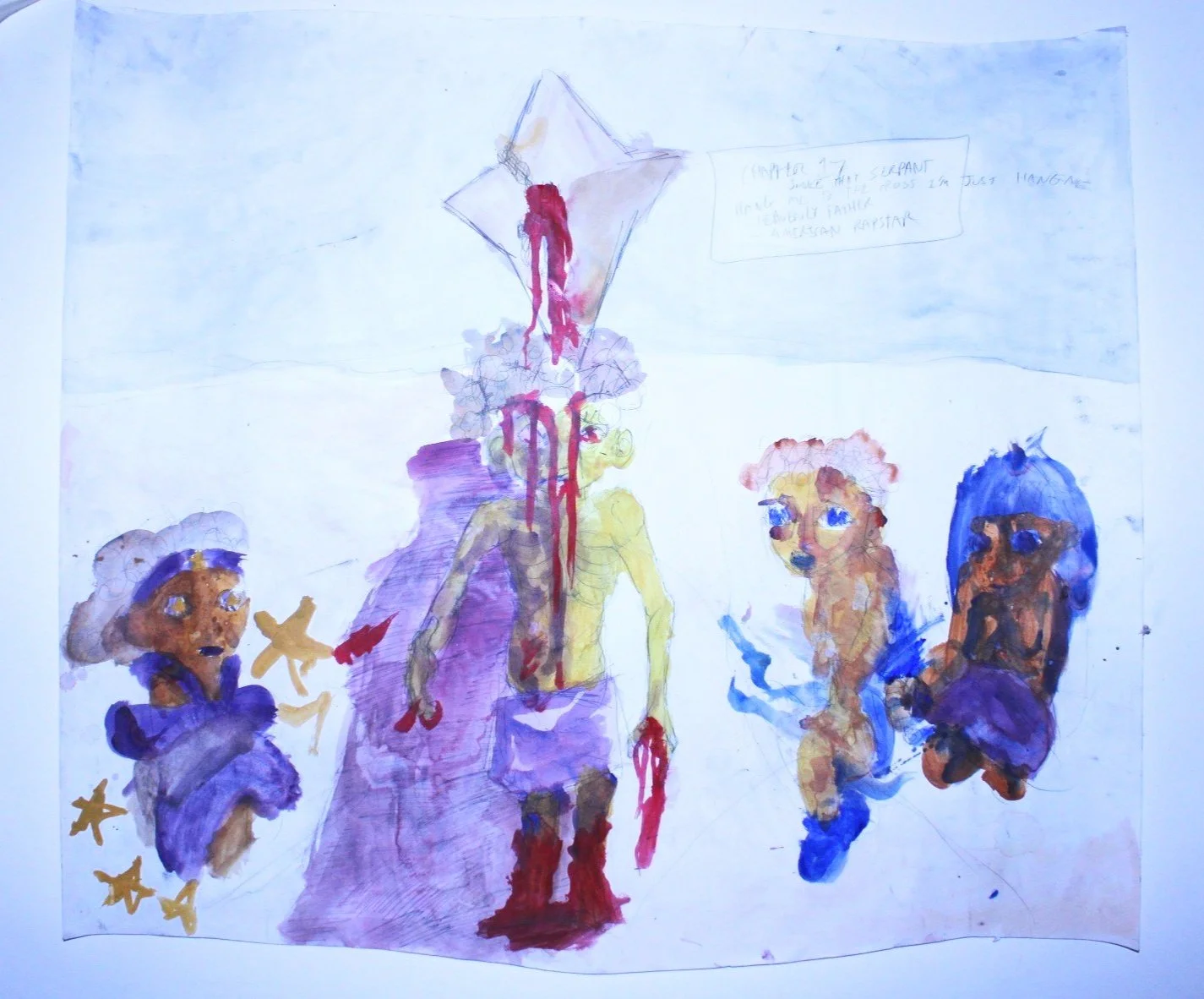 Saved, Watercolor, acrylic paint, and graphite pencil on Mixed media paper, 36 inches x 36 inches, 2022.