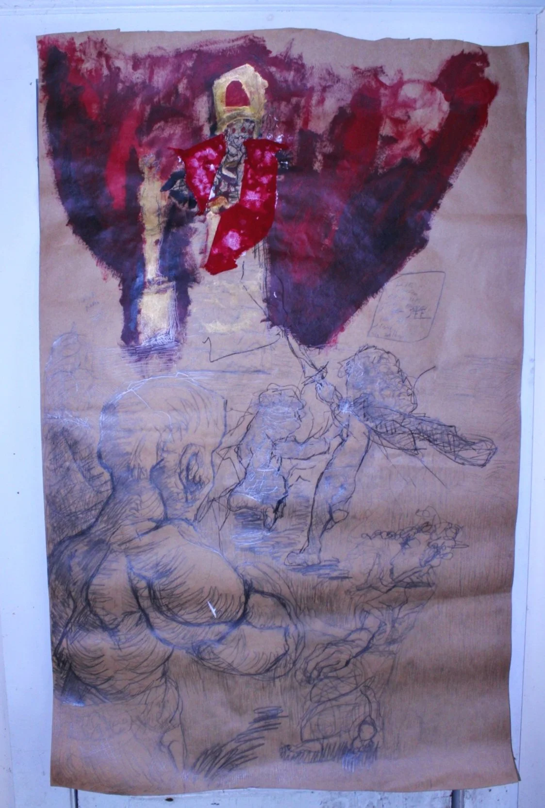 King Davids Throne room, Graphite pencil, charcoal, acrylic paint, and collage on brown toned paper, 36 inches x 50 inches, 2022.