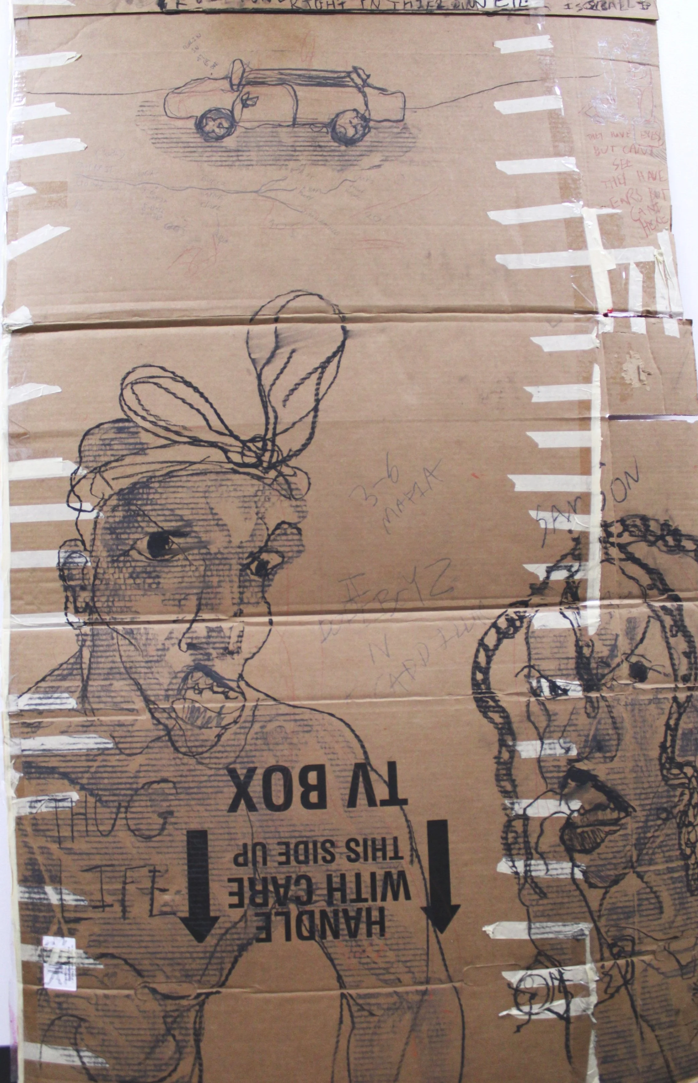Judges and Thugs Side II, Charcoal and graphite pencil on used Cardboard, 36 inches x 50 inches, 2023.