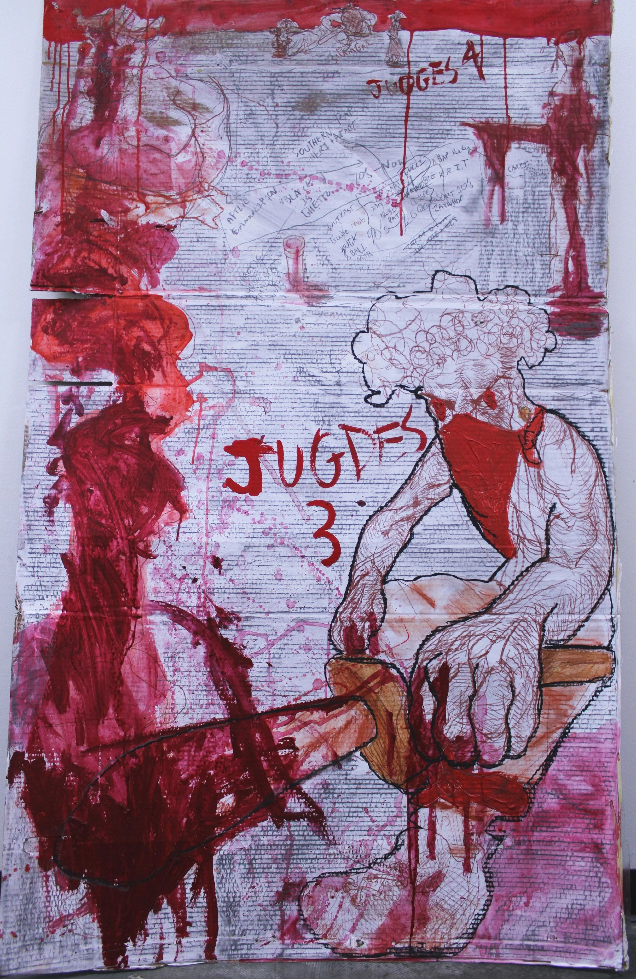 Judges//Thugs side I, Acrylic paint, graphite pencil, and watercolor on Used cardboard, 36 inches x 50 inches, 2023.
