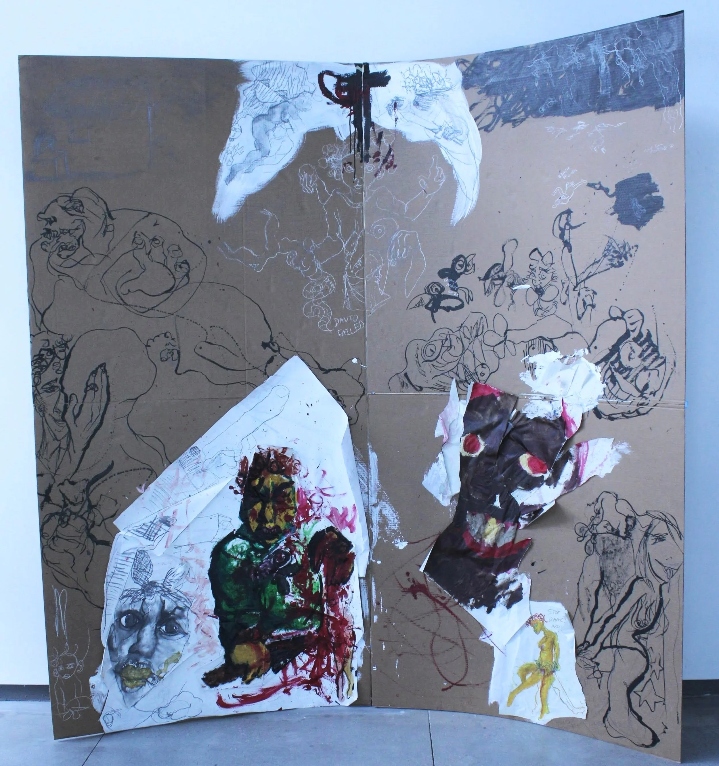 Crow's, Acrylic paint, ink, white pencil, graphite pencil, gesso, collaged mixed media paper and newsprint on Cardboard, 92 inches x 92 inches, 2022.
