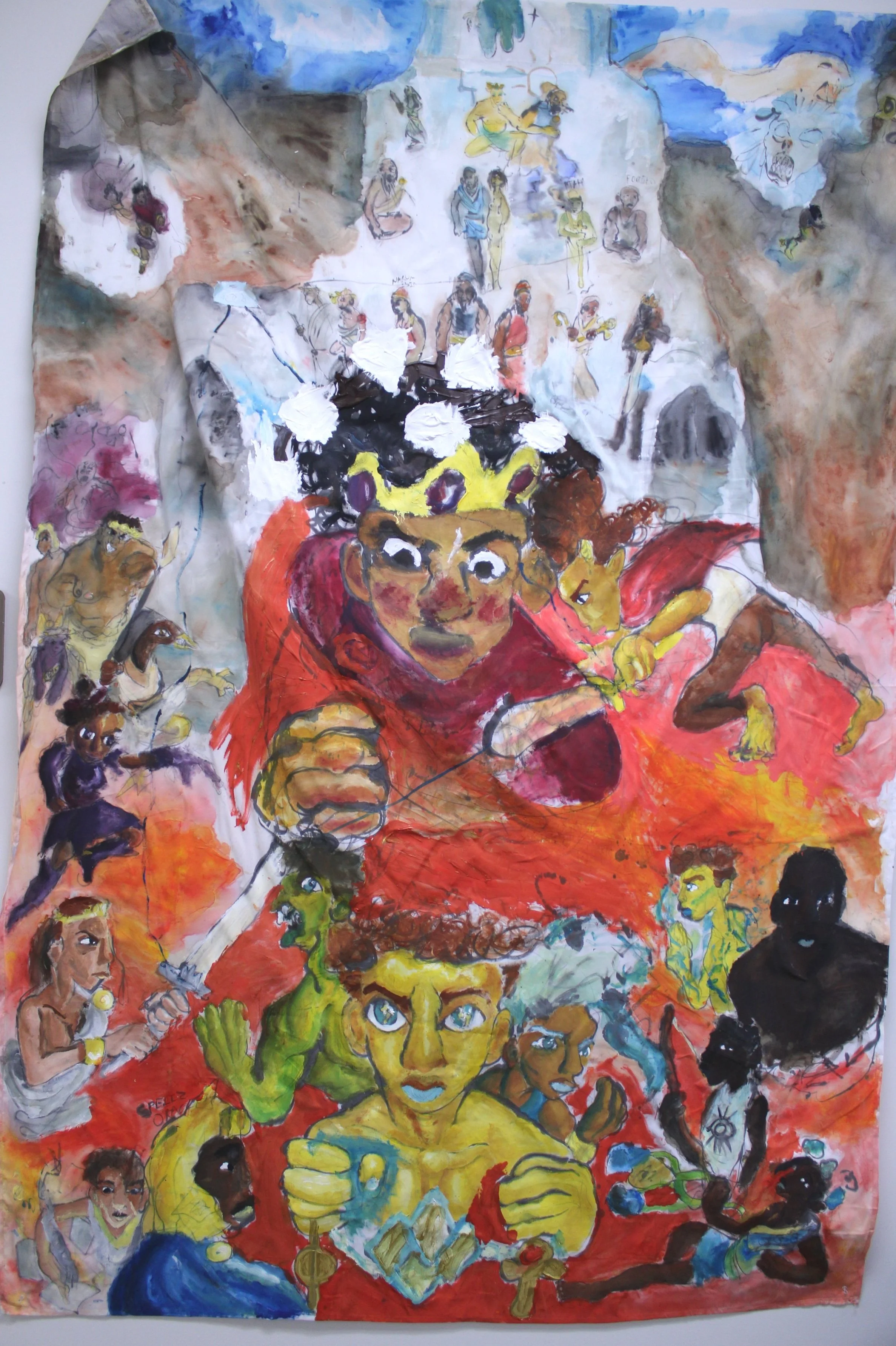 Genesis/Creation Narrative, Acrylic paint, ink and watercolor on Cloth, 58 inches x 120 inches, 2023.