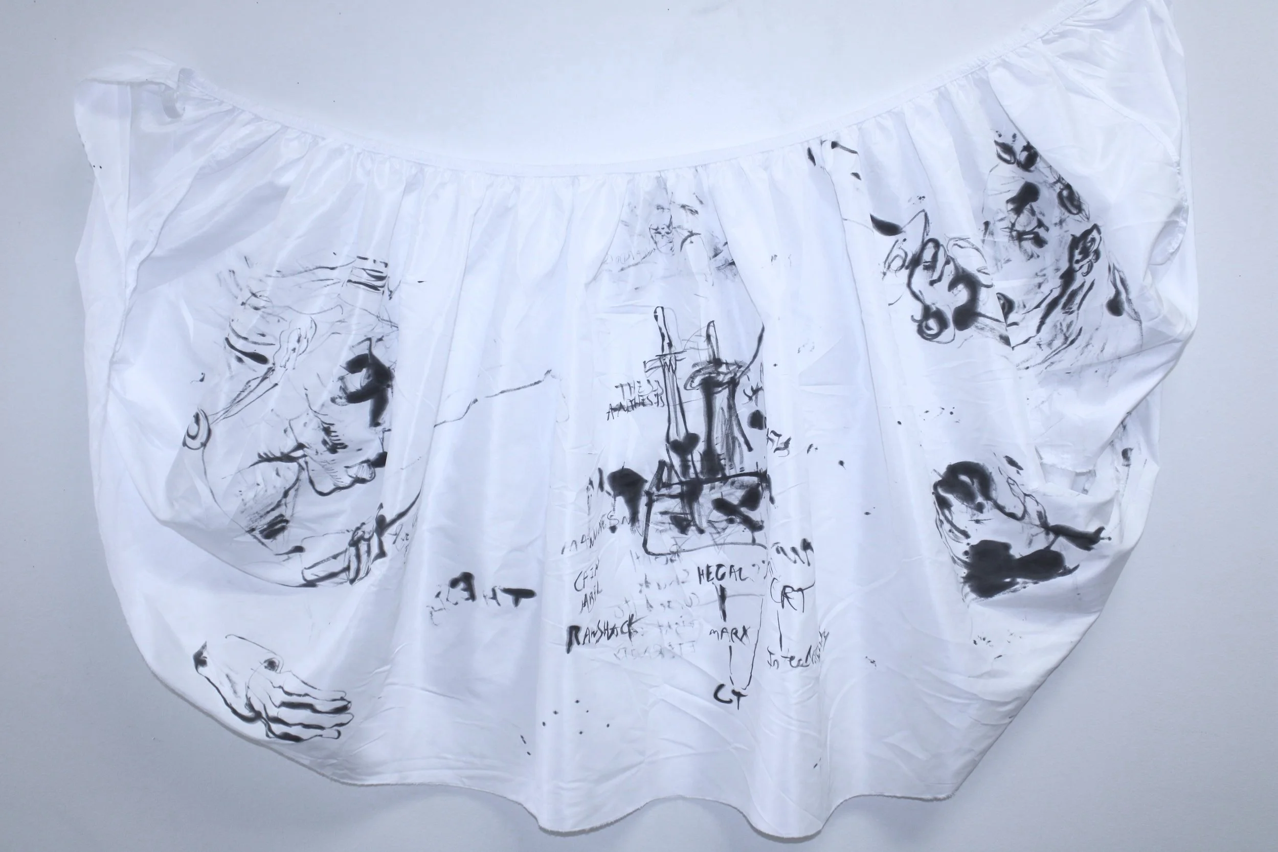 Thesis/Antithesis and Synthesis Side I, Ink on Cloth, 36 inches x 28 inches, 2023.