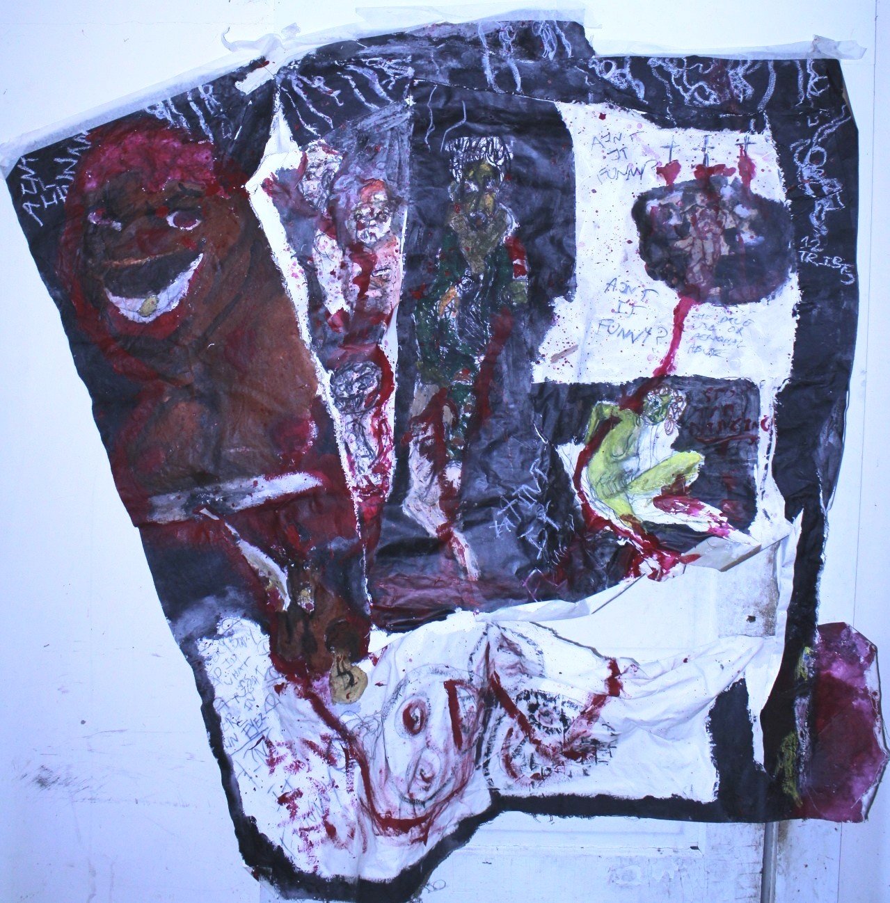 Aint it funny, Acrylic paint, pastel, white pencil, graphite pencil and watercolor on Fragments of paper and unstreched canvas, 52 inches x 52 inches, 2022.