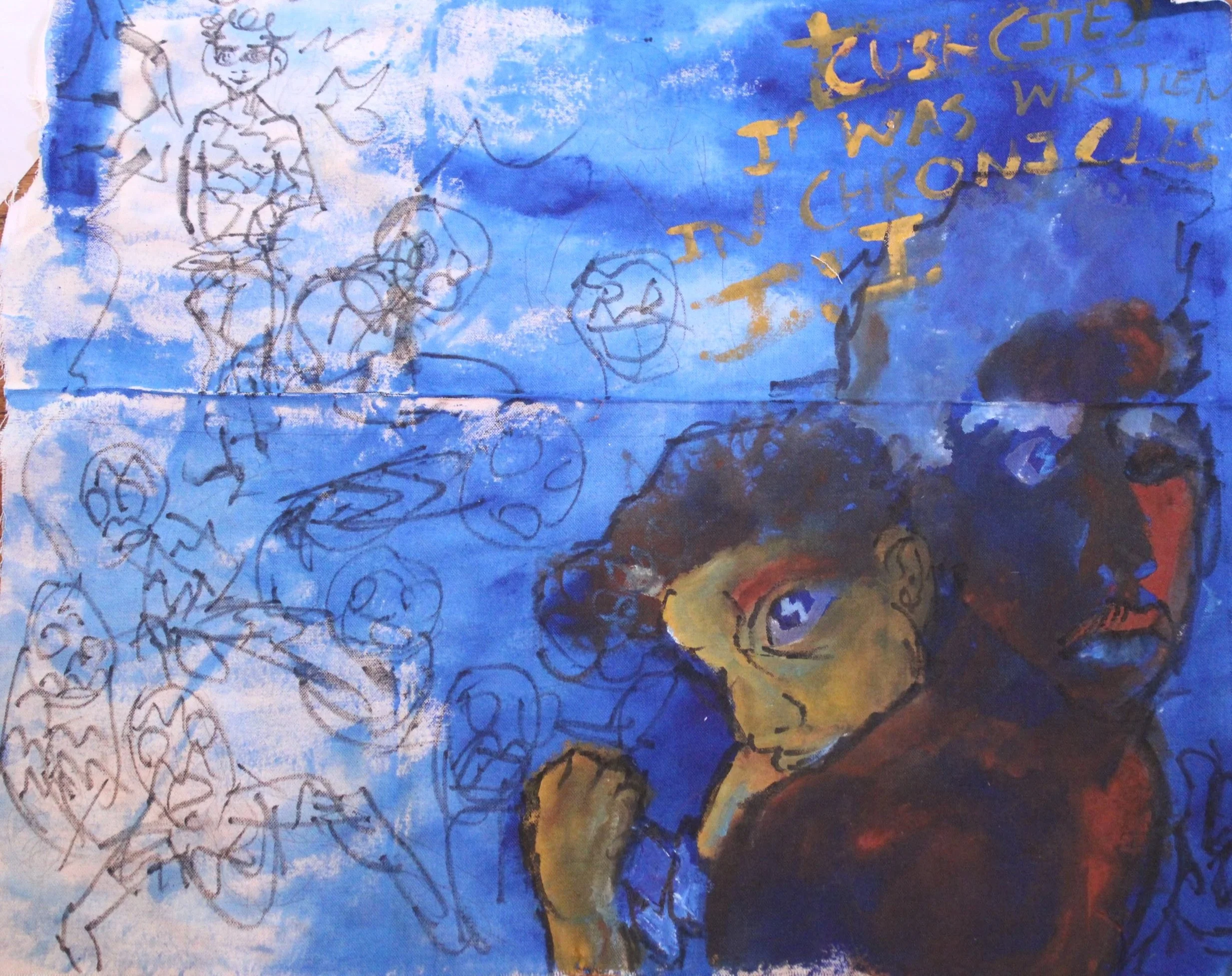 Chronicles of Cush, Acrylic paint and marker on Unstretched canvas, 30 inches x 30 inches, 2022.