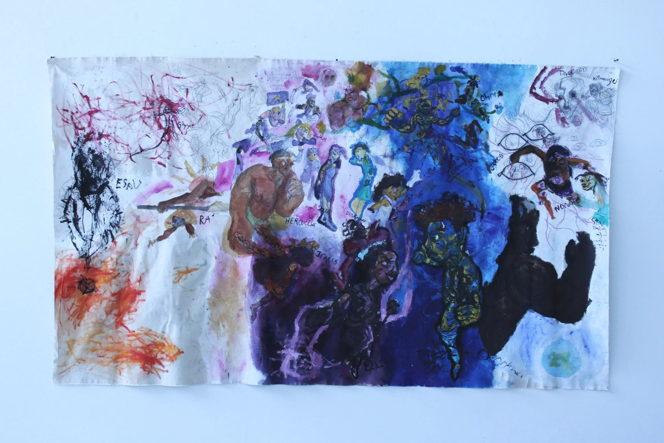 Saiyen's, Vivian's, and Demi-god's, Acrylic paint, graphite pencil and ink on Unstretched canvas,  104 inches x 50 inches, 2022.