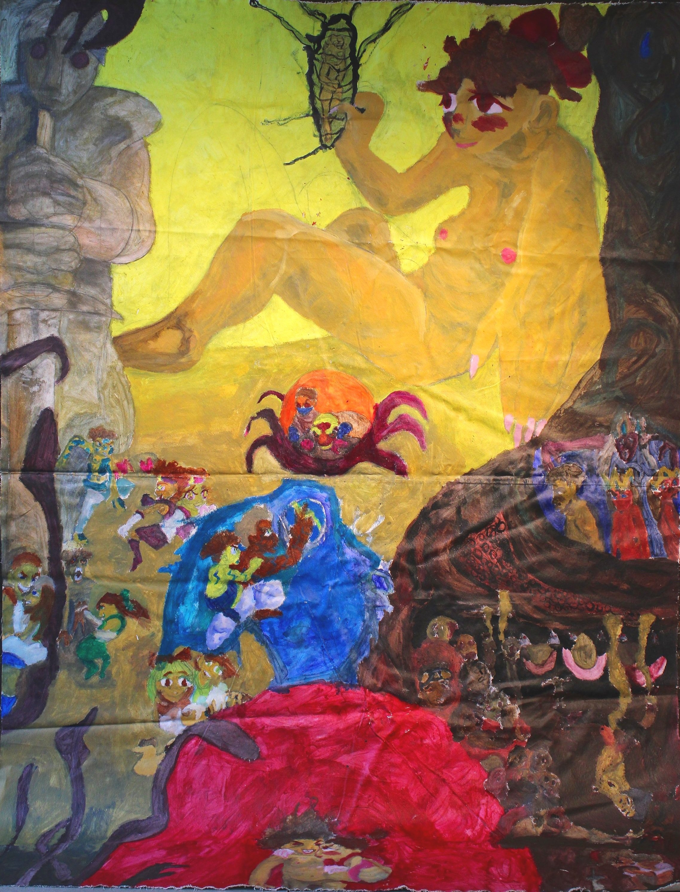Death of Childhood, Acrylic paint, ink, and graphite pencil on Unstretched canvas, 62 inches x 112 inches, 2022.