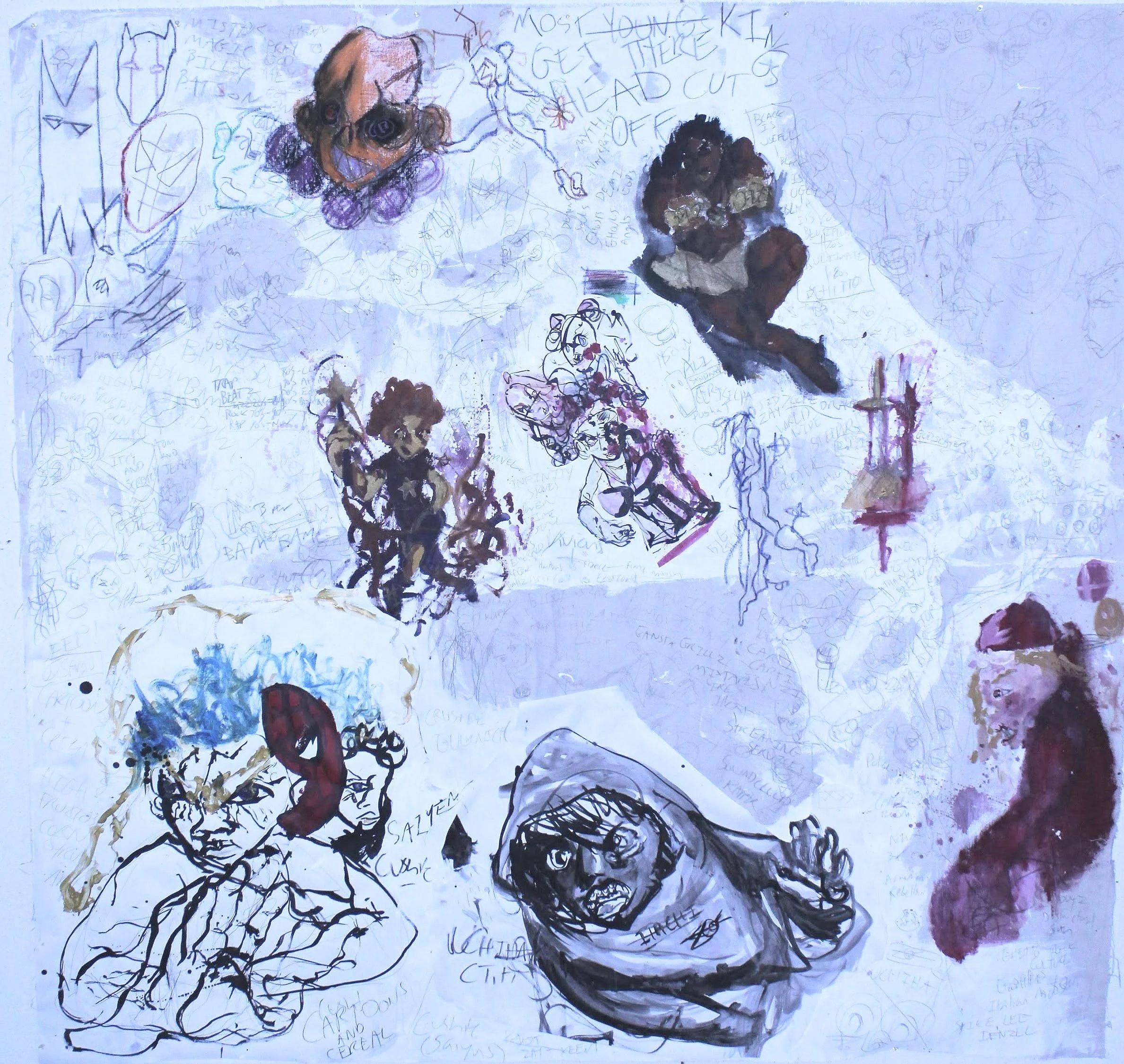 Cartoons and Cereal, Ink, graphite pencil, pastel, acylic paint, gesso, and collaged paper on Unstretched canvas, 74 inches x 72 inches, 2022.