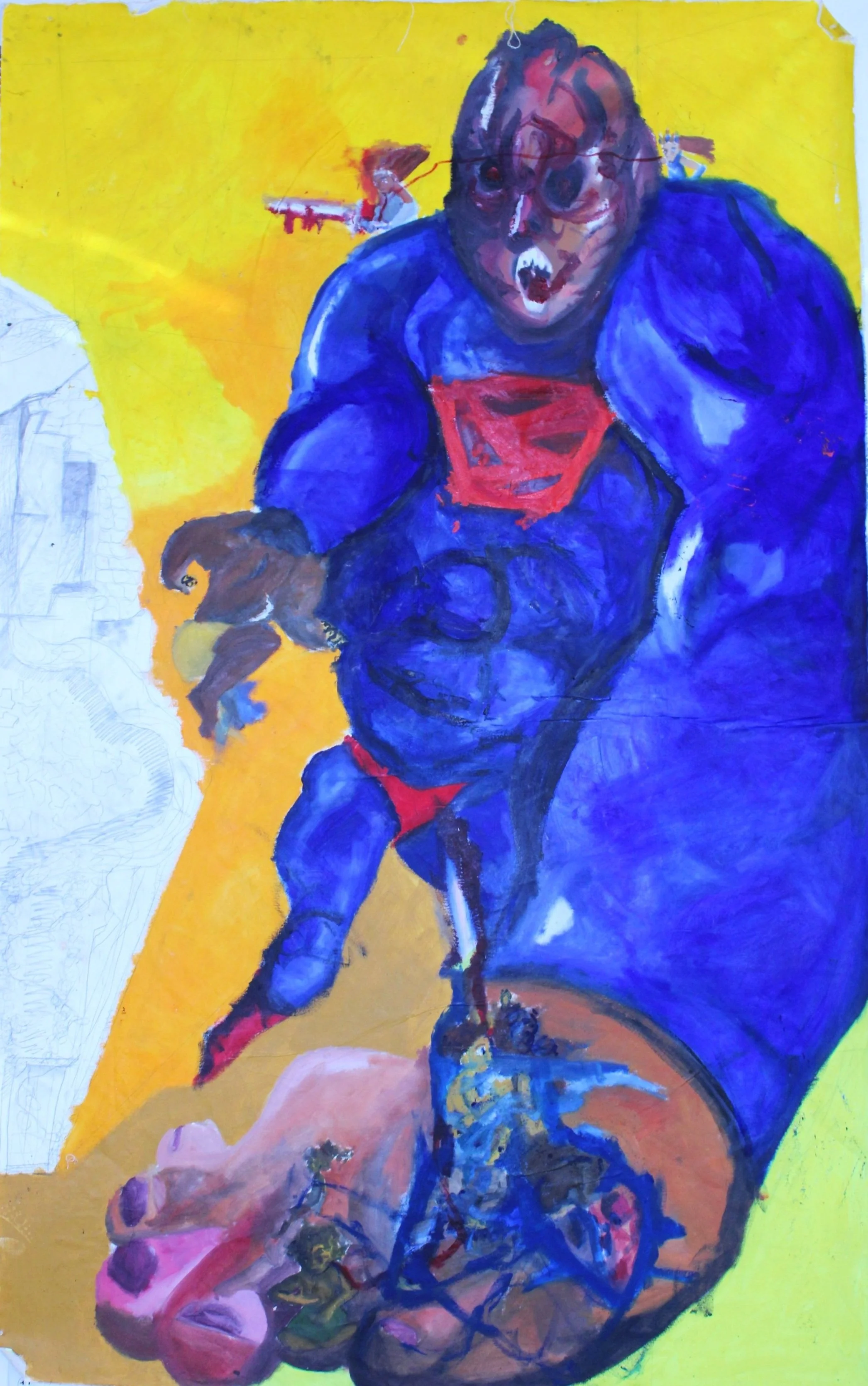 Super, Oil and graphite pencil on Unstretched canvas, 72 inches x 143 inches, 2022.