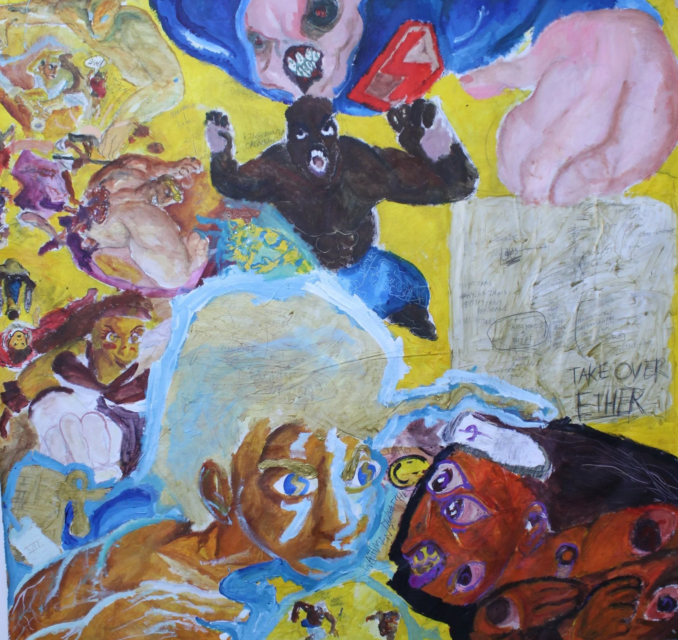 Takeover-Ether, Acrylic paint, graphite pencil, and collaged newsprint on Unstretched Canvas, 72 inches x 72 inches, 2023.