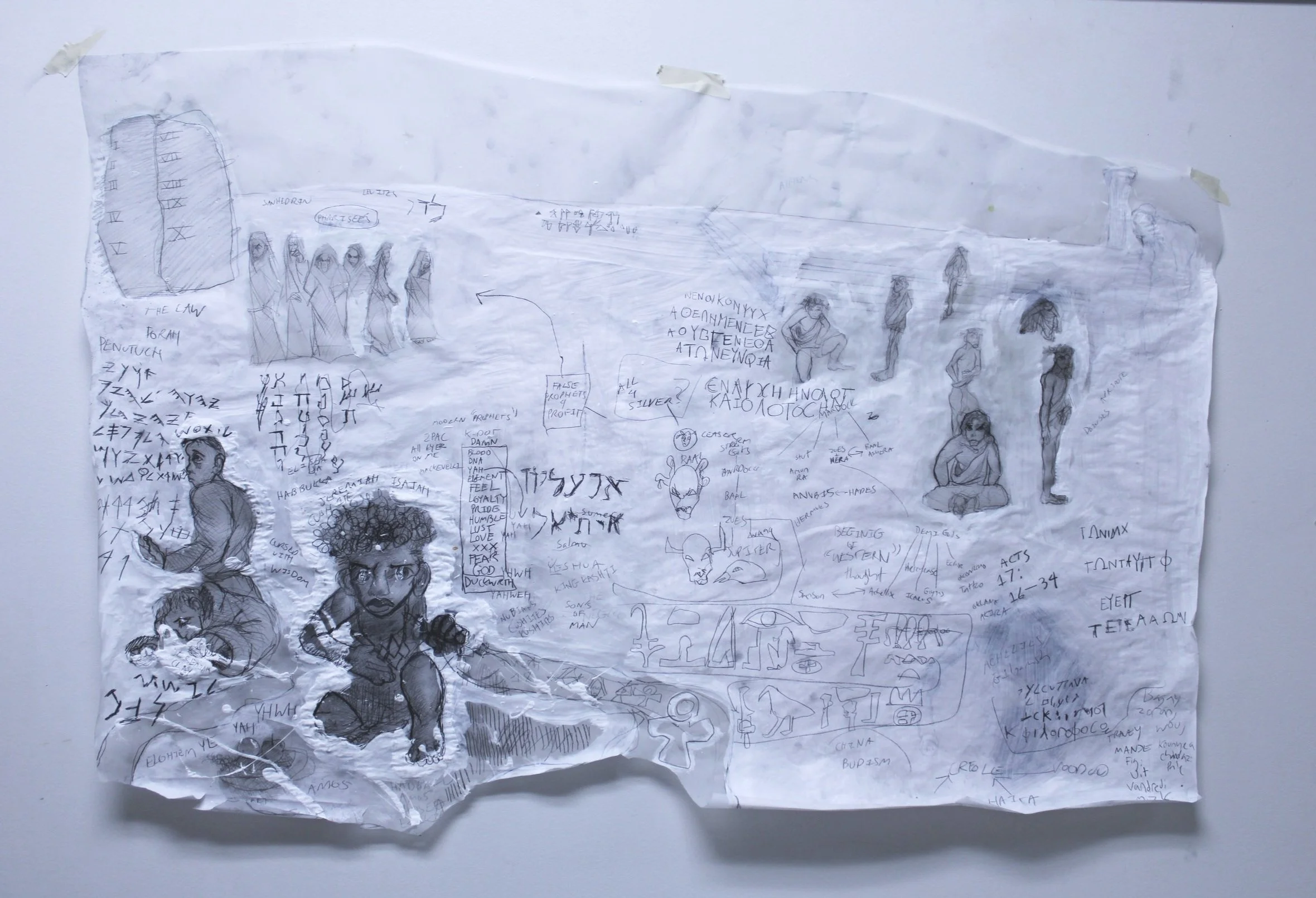 Prophets, Pharisees, and Philosophers side I, Graphite pencil and gesso on Vellum, 42 inches x 30 inches, 2023. 