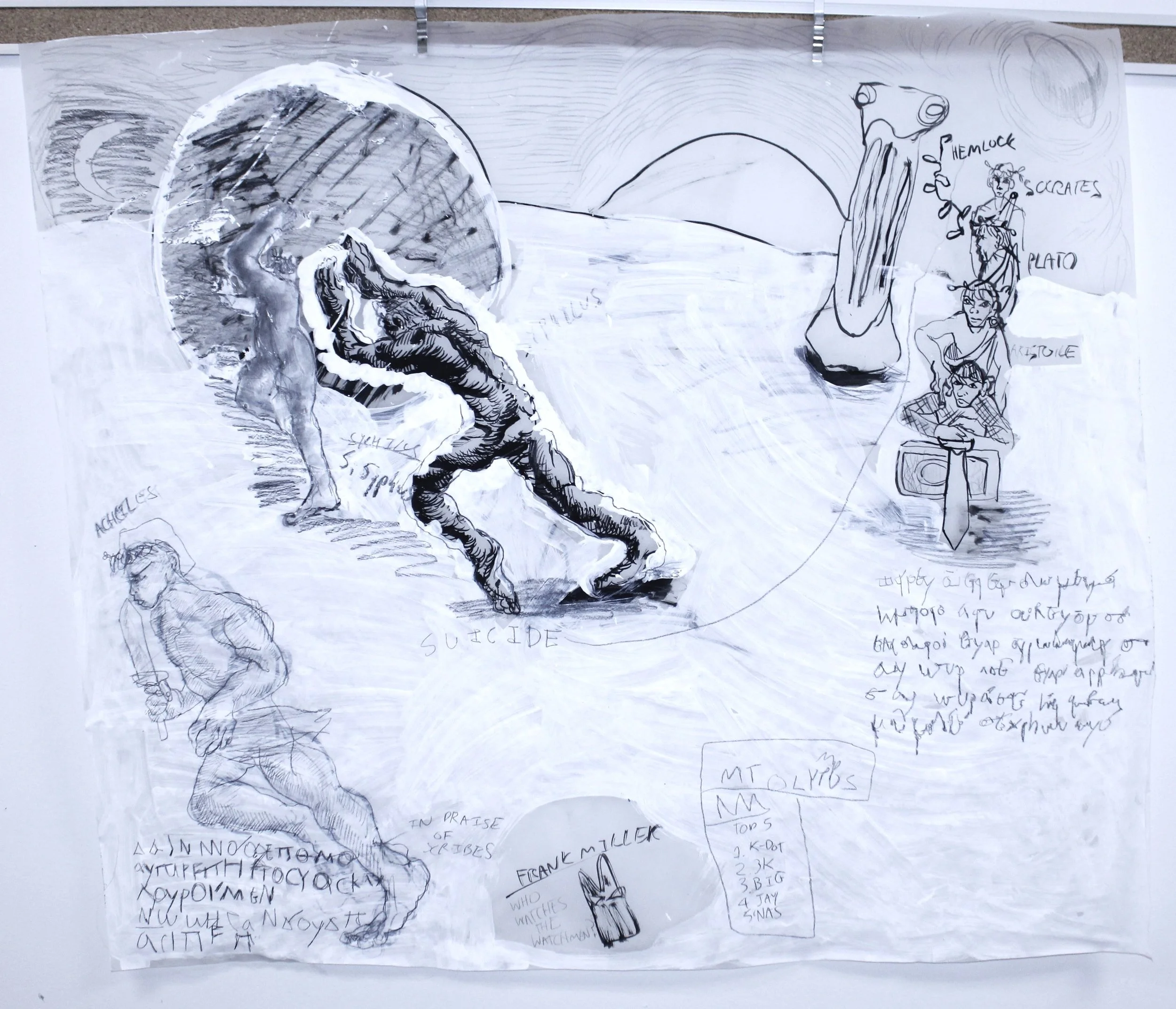 Sisyphus: Suicide, Ink, graphite pencil, and gesso on Vellum, 42 inches x 42 inches, 2023.
