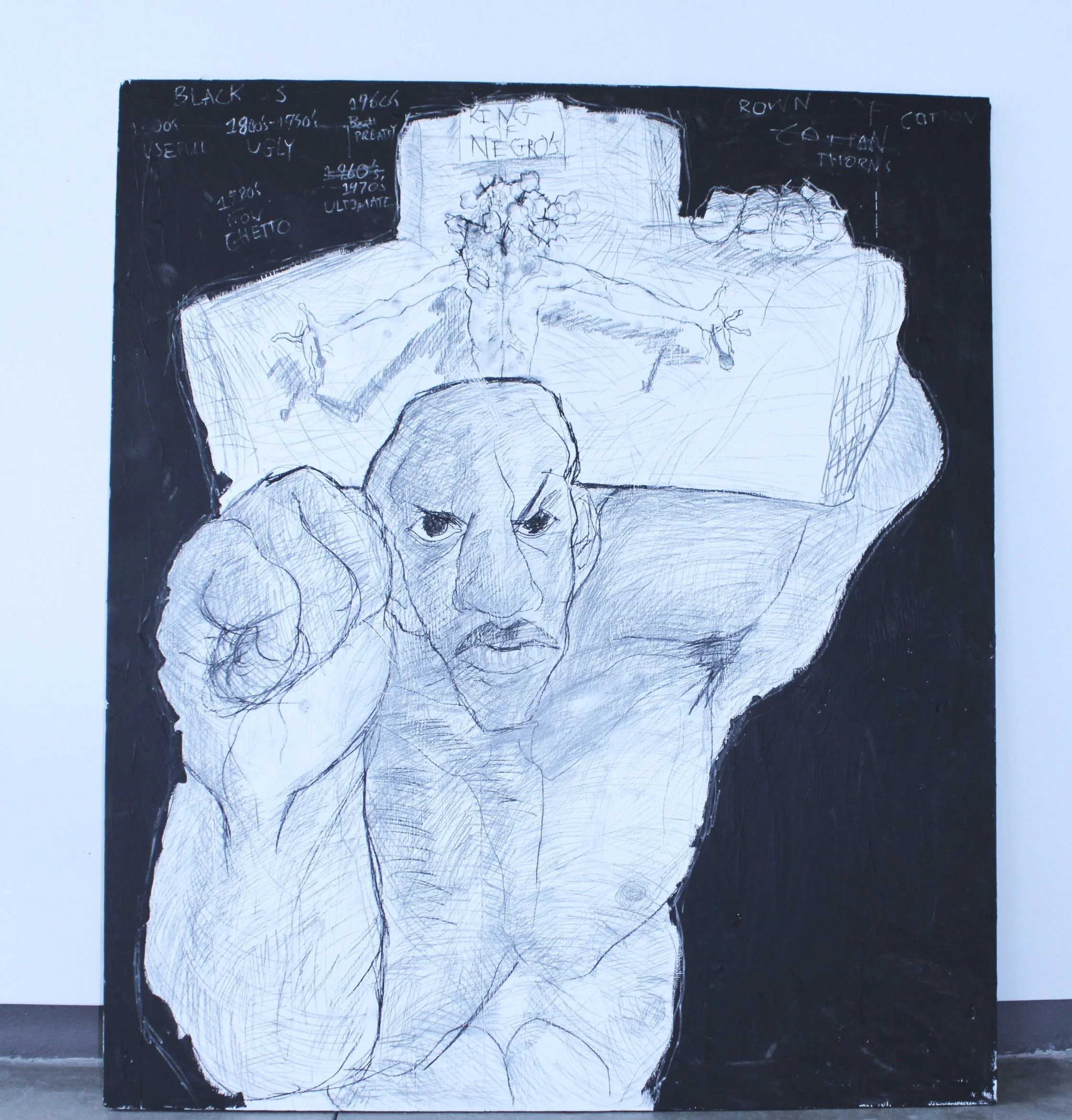 King of the Negroes, Graphite pencil, Acrylic paint, charcoal, and white pencil on Wood, 2023.