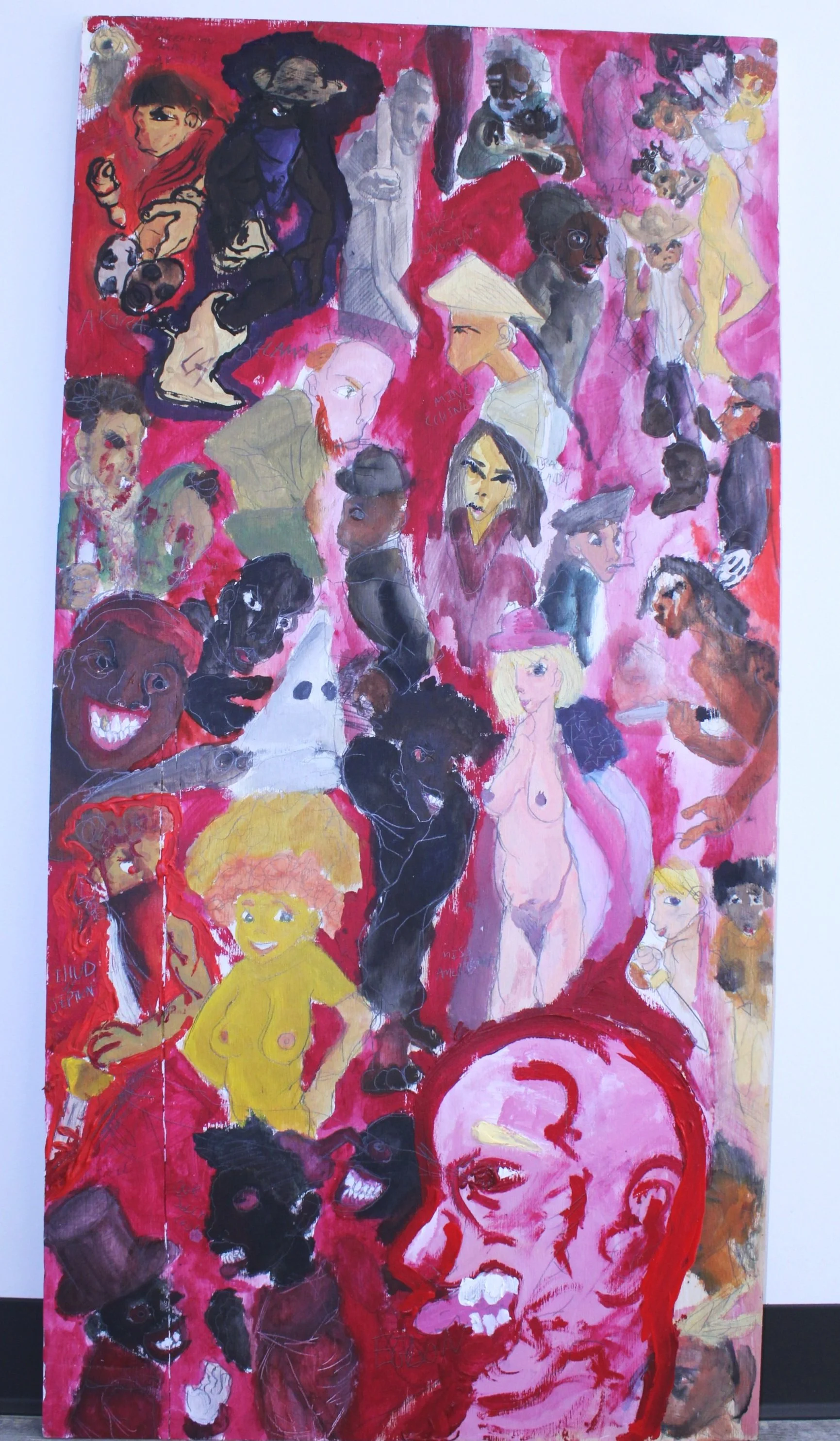 Race and America, Acrylic paint and graphite pencil on wood, 16 inches x 36 inches, 2023.