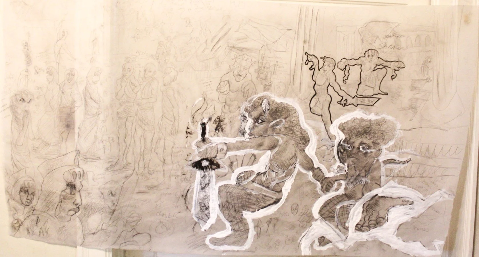 Nero, Graphite pencil, ink, and gesso on Vellum, 42 inches x 72 inches, 2023.