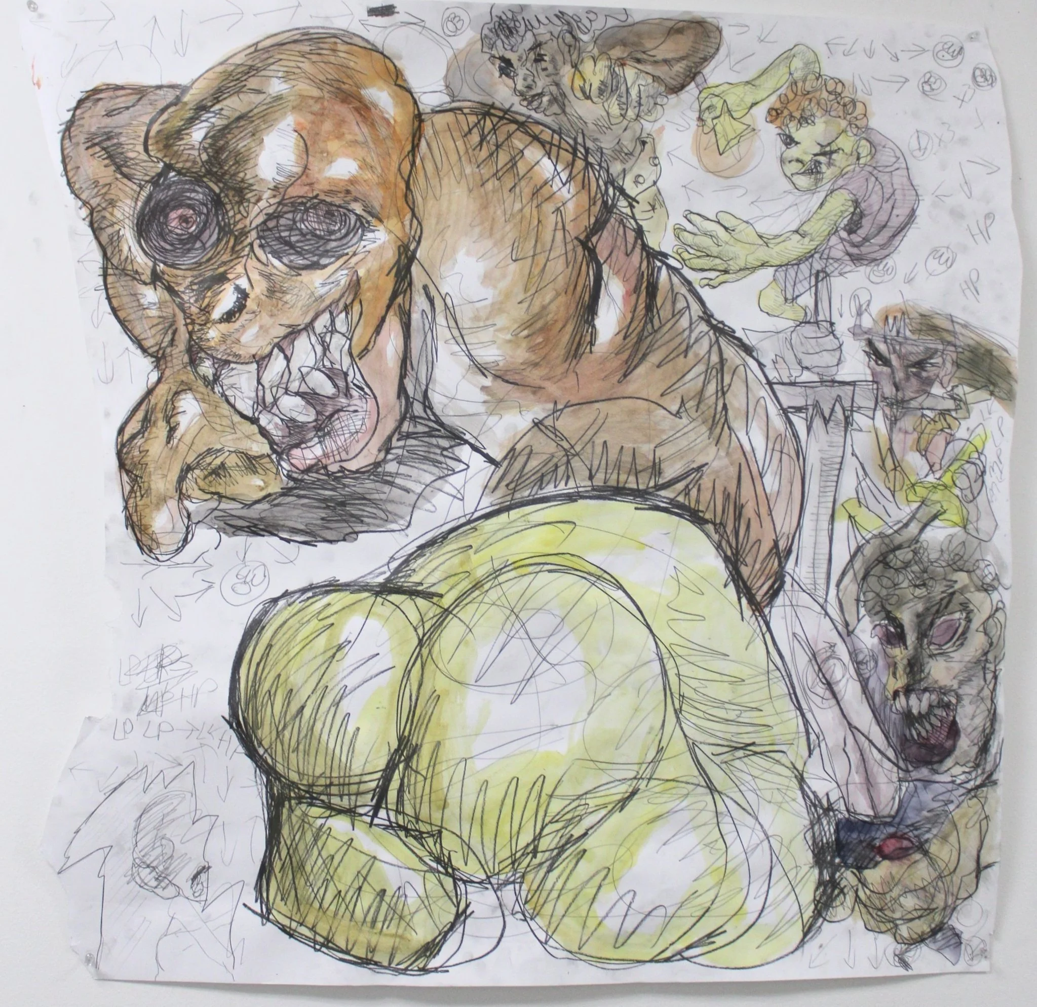 II. Gauntlet, Graphite pencil and watercolor on Mixed media paper, 36 inches x 37 inches, 2023. 