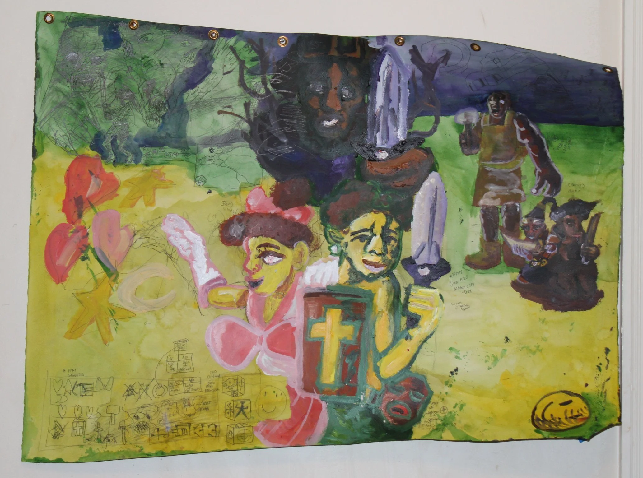 Childhood memory side A (Ruins of Babel), Acrylic and graphite pencil on Arches paper, 36 inches x 20 inches, 2024.