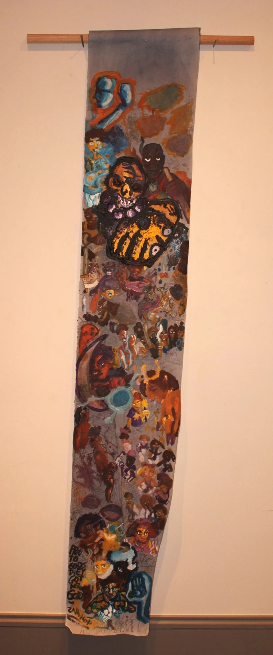 Old Gods Genealogy, Acrylic and graphite pencil on Arches paper attached to dowel, 32 1/2 x 92 inches, 2024.