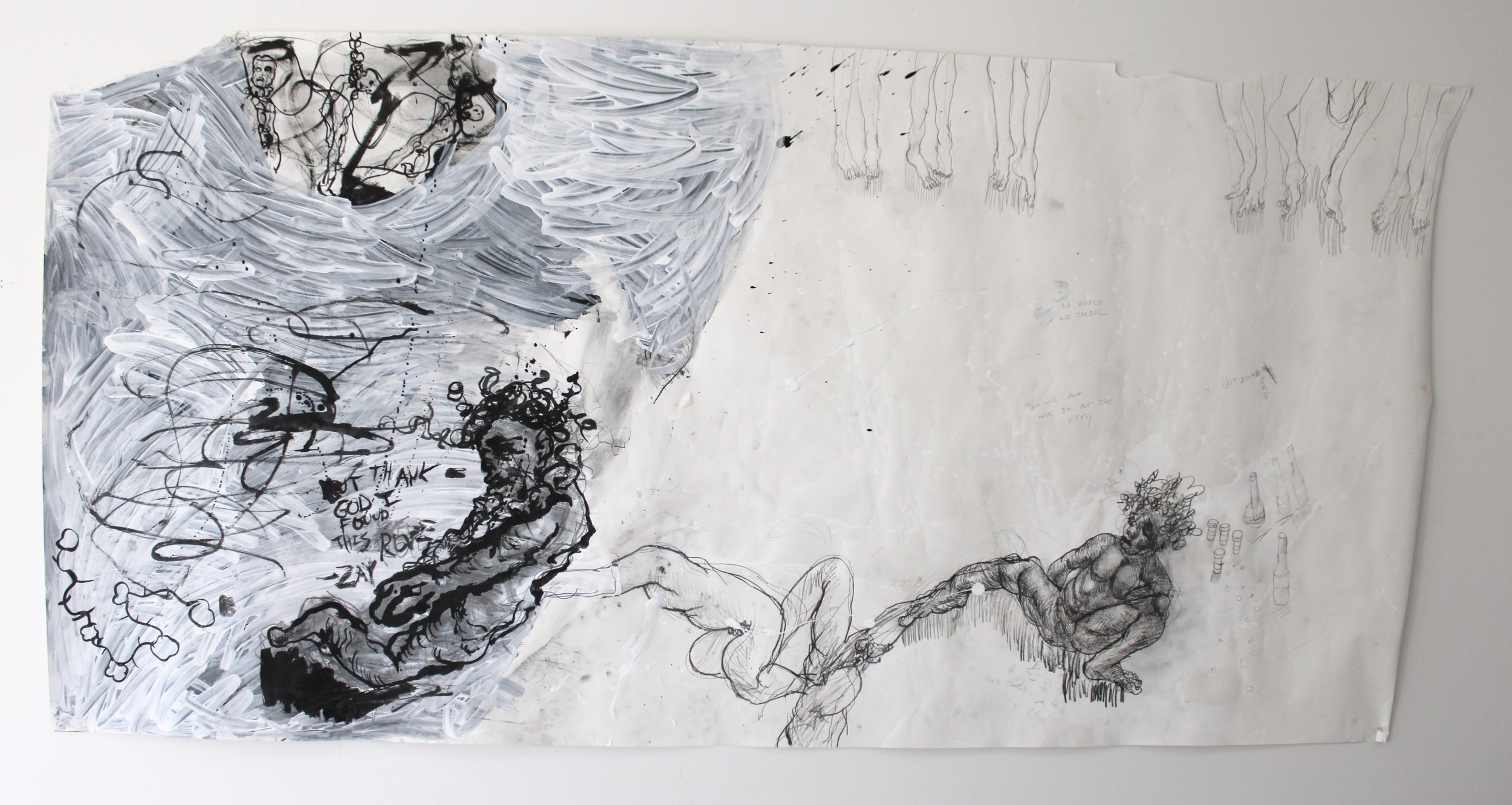 Rope//Rosegold, Ink, graphite pencil, and gesso on Drawing paper, 84 x 42 inches, 2023.
