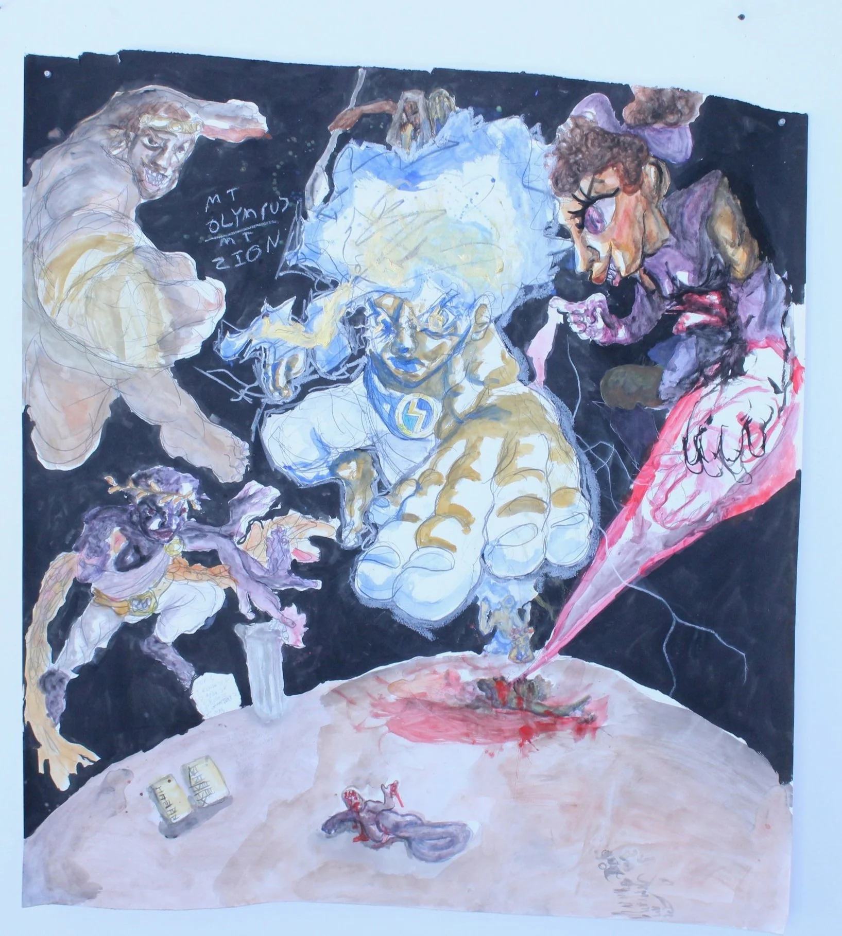 Mt. Olympus, Watercolor, Acrylic paint, ink, and white pencil on Watercolor paper, 42 inches x 44 inches, 2022.
