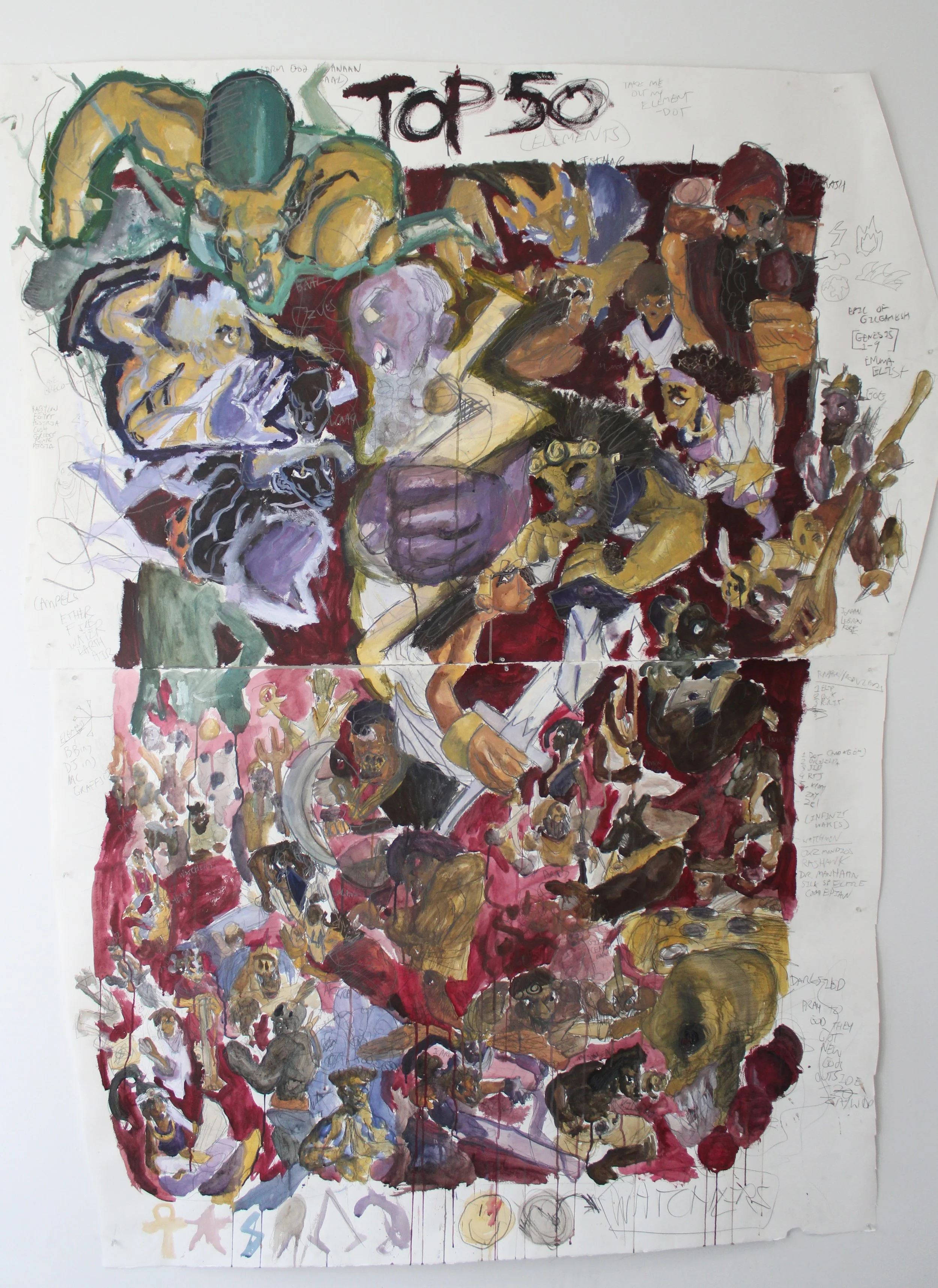 Top 50 part III: Elements,  Acrylic paint and graphite pencil on Arches paper,
84 x 50 inches, 2023.