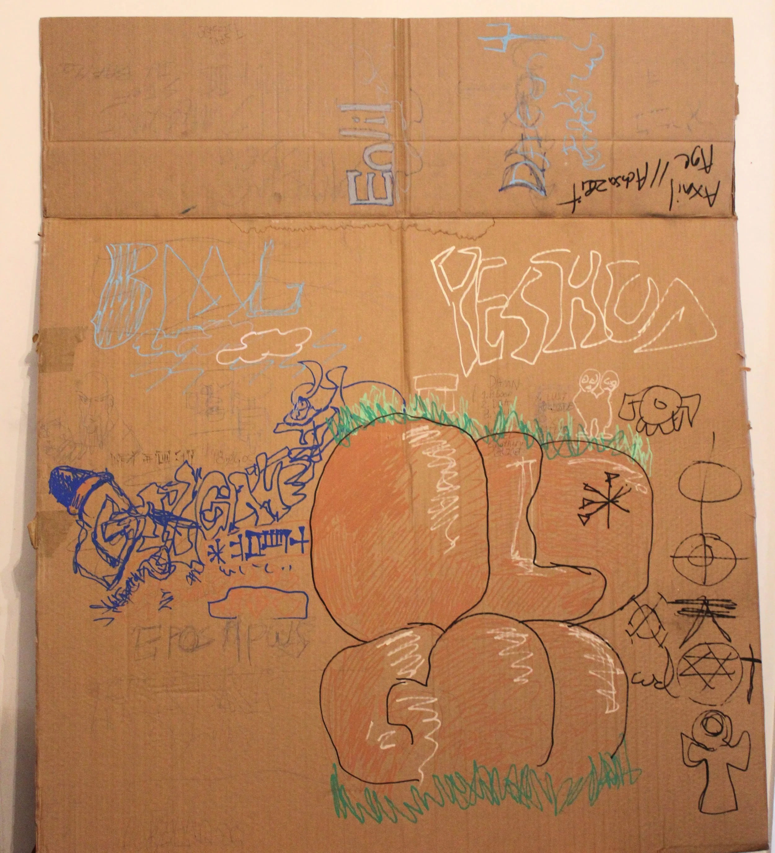 Tag I side A (Old Gods), Posca Markers and Graphite pencil on Cardboard, 48 x 72 inches, 2025.