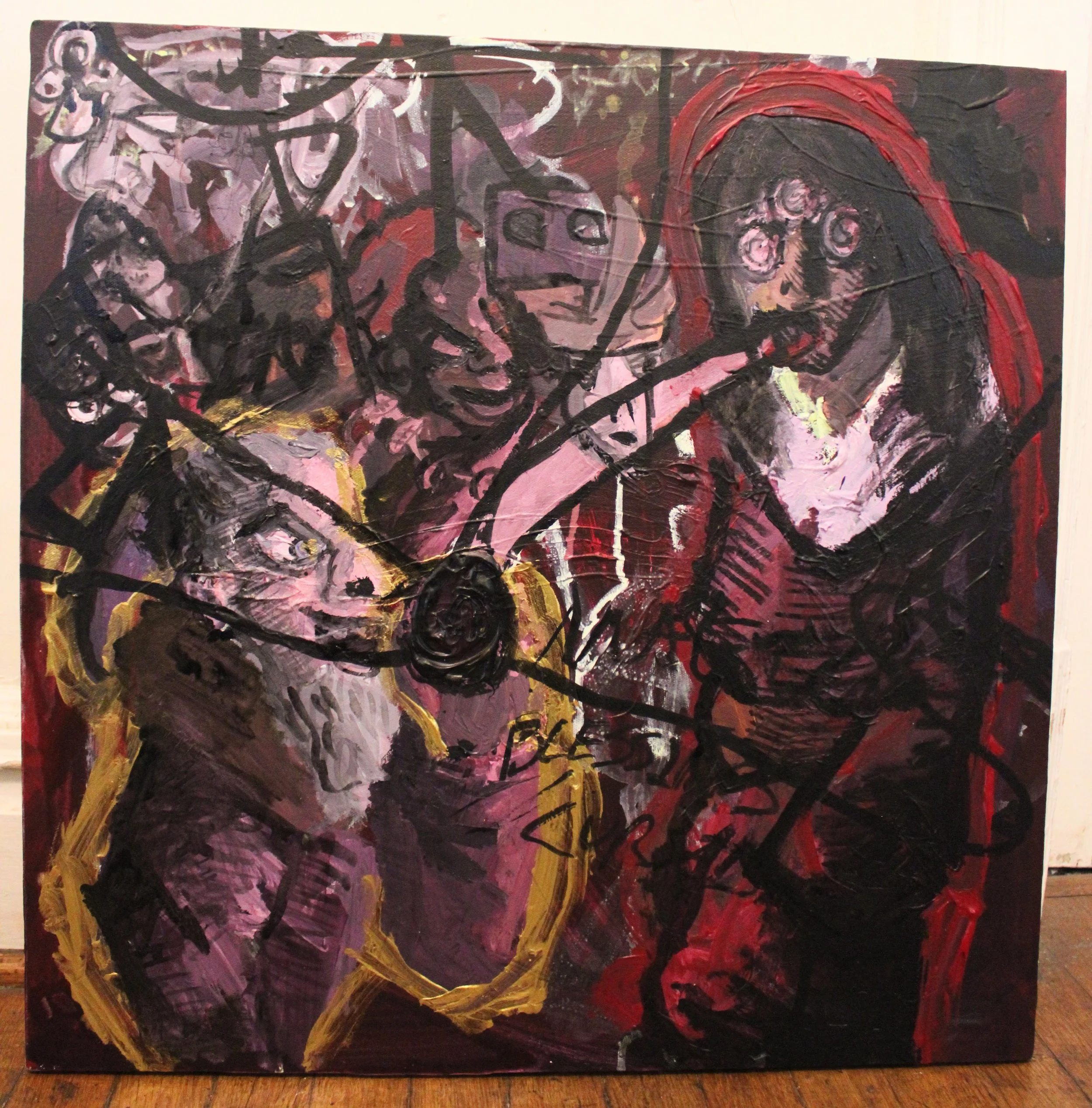 Violet/ Magic, Acrylic, ink, and carbon on canvas, 24 x 24 inches, 2025.