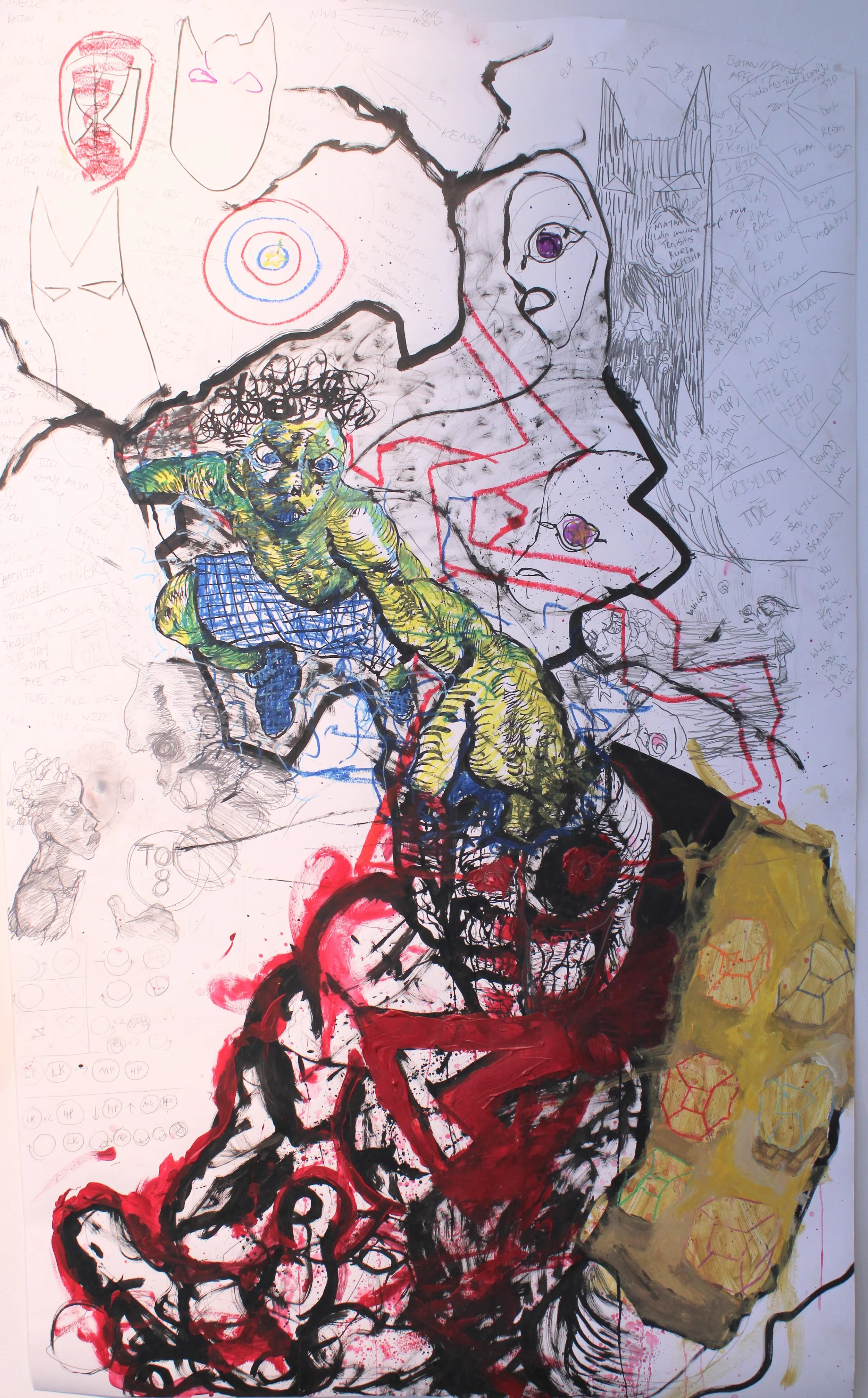 CD quality II: 4th Wall, Acrylic paint, pastel, ink, and graphite pencil on Bristol paper, 42 inches x 56 inches, 2022.