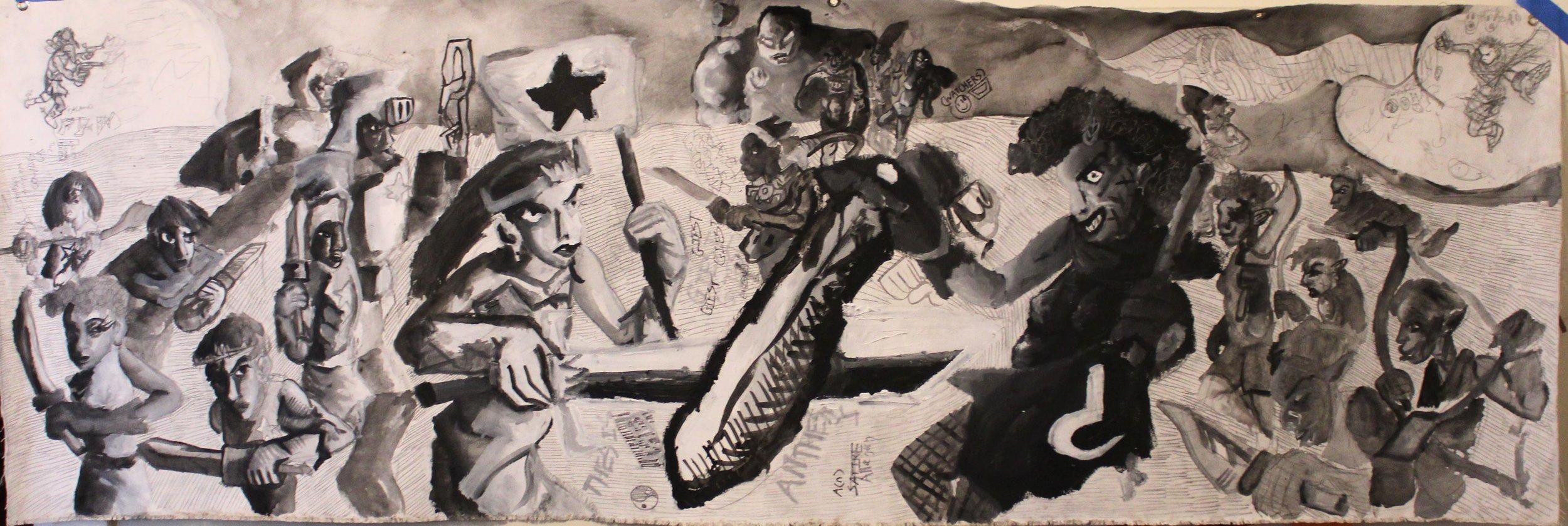 Giest side B (Thesis v Anthesis), Acrylic, Metalic Marker and graphite pencil on unstretched canvas, 22 inches x 80 inches,  2024.