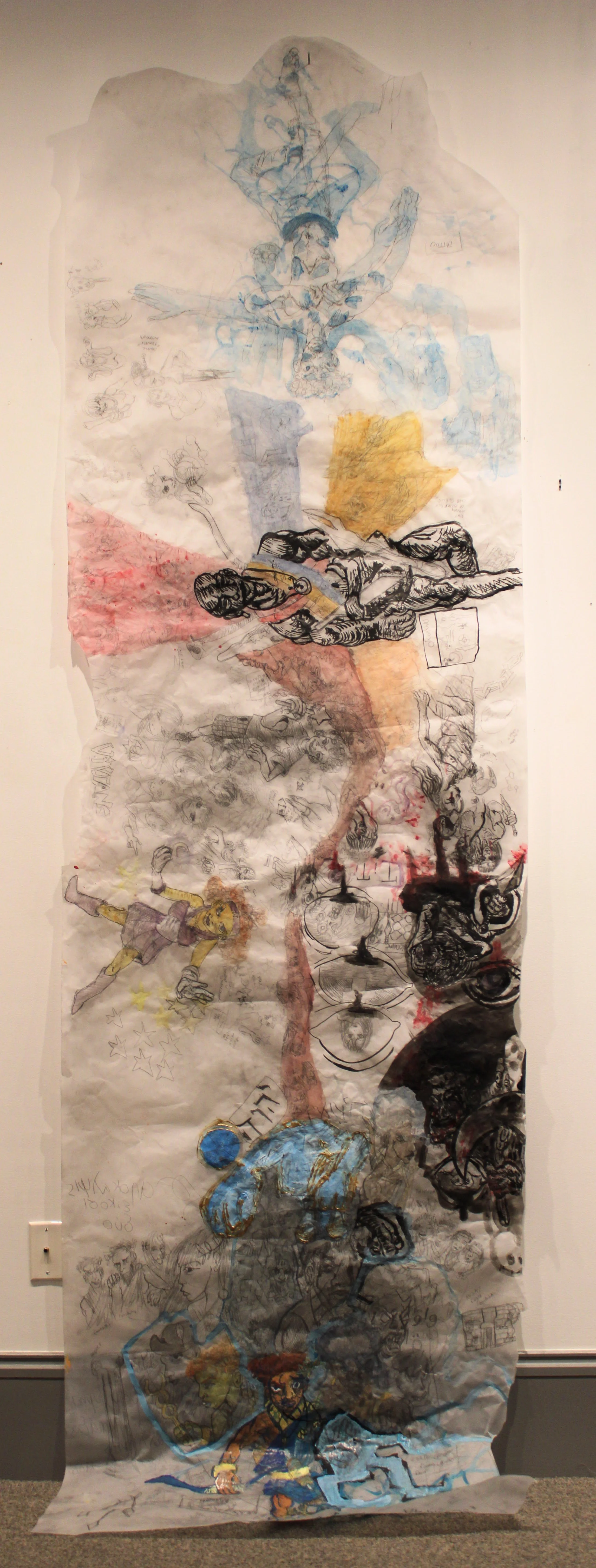 Character anthology Part I, Acrylic, ink, watercolor, gauche, and graphite pencil on Vellum paper, 36 x 105 inches, 2025.