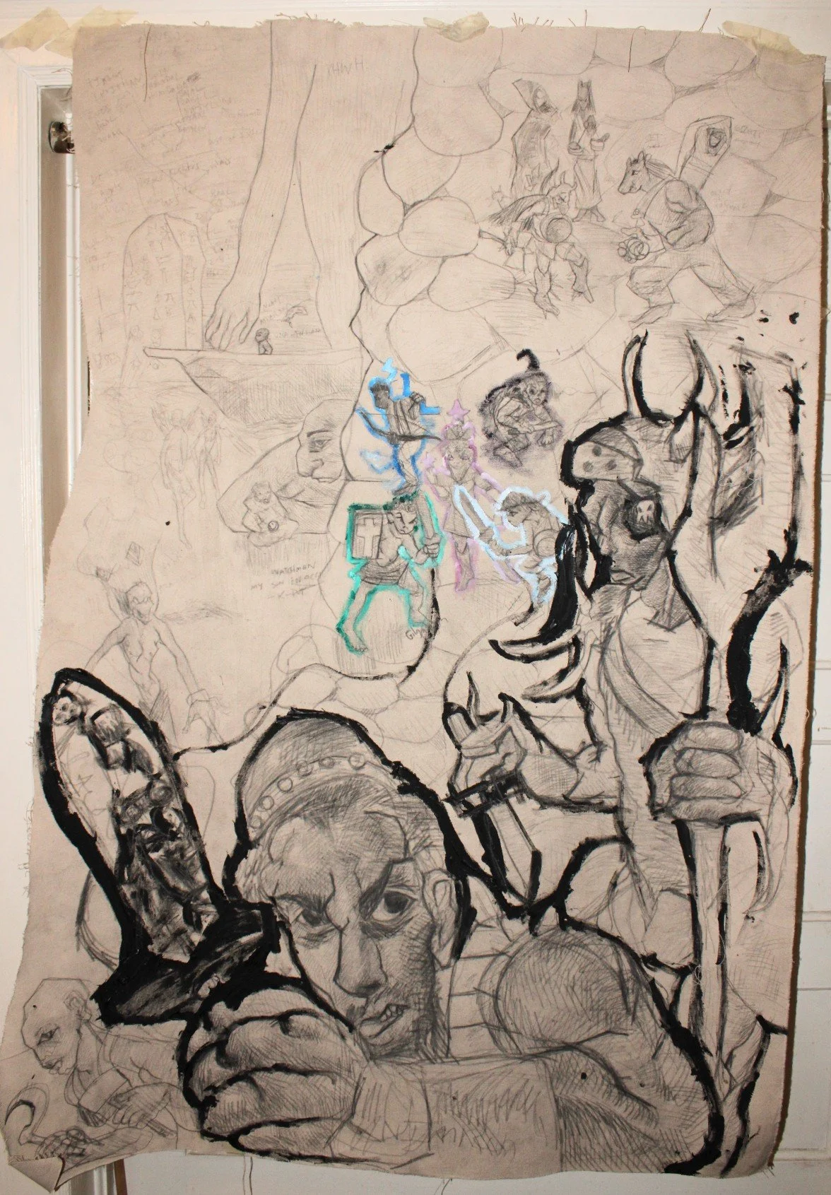 Babel: Nimrod and Magog, Graphite pencil, Ink, and acrylic paint on Unprimed/Unstretched Canvas, 32 inches x 62 inches, 2023.