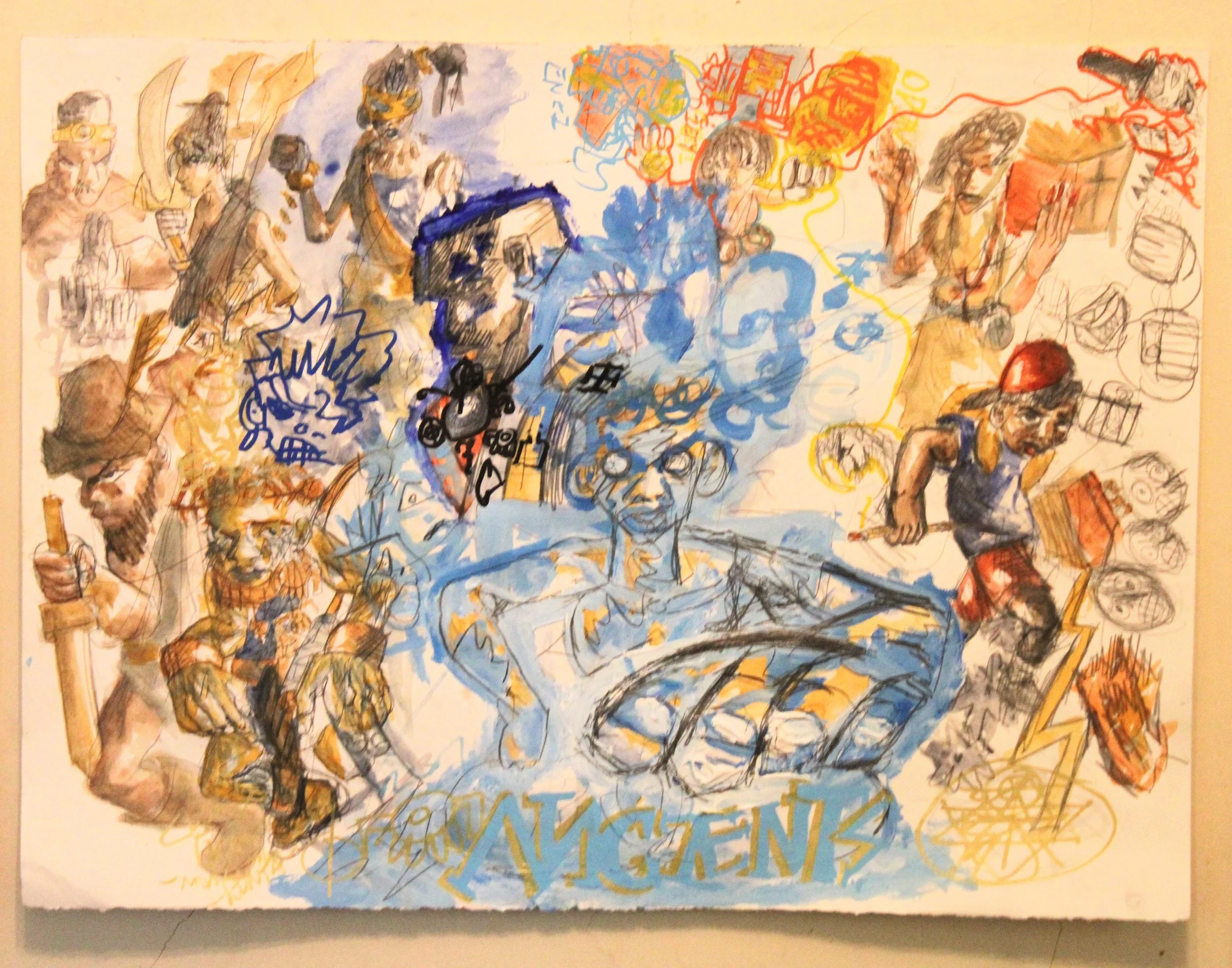 Ancients, Acrylic, watercolor, graphite pencil, and posca markers on Watercolor paper, 30 x 24 inches, 2025.