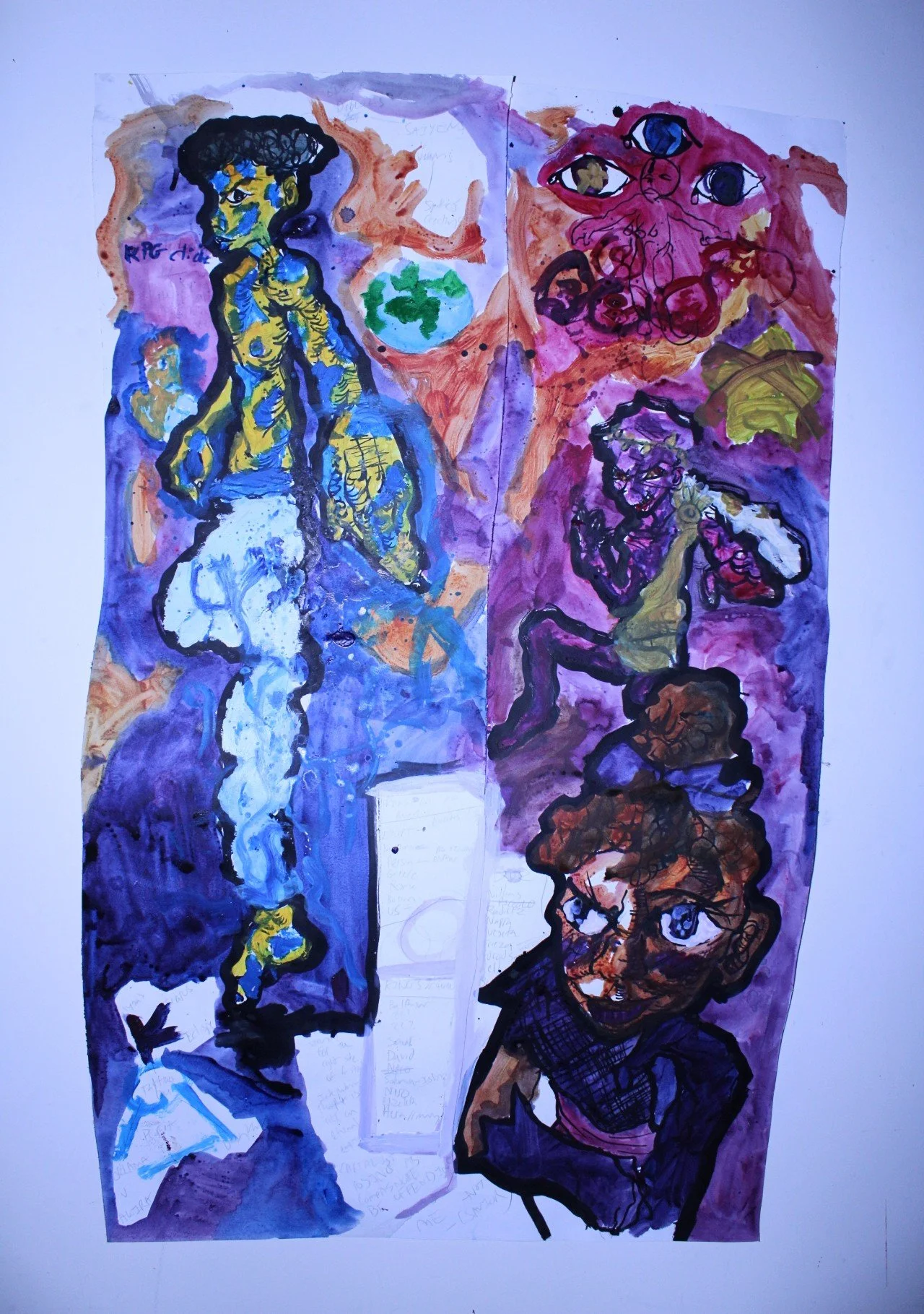 Demi-Gods and fallen wings, Acrylic, ink, and graphite pencil on Watercolor paper, 42 x 39 inches, 2022.