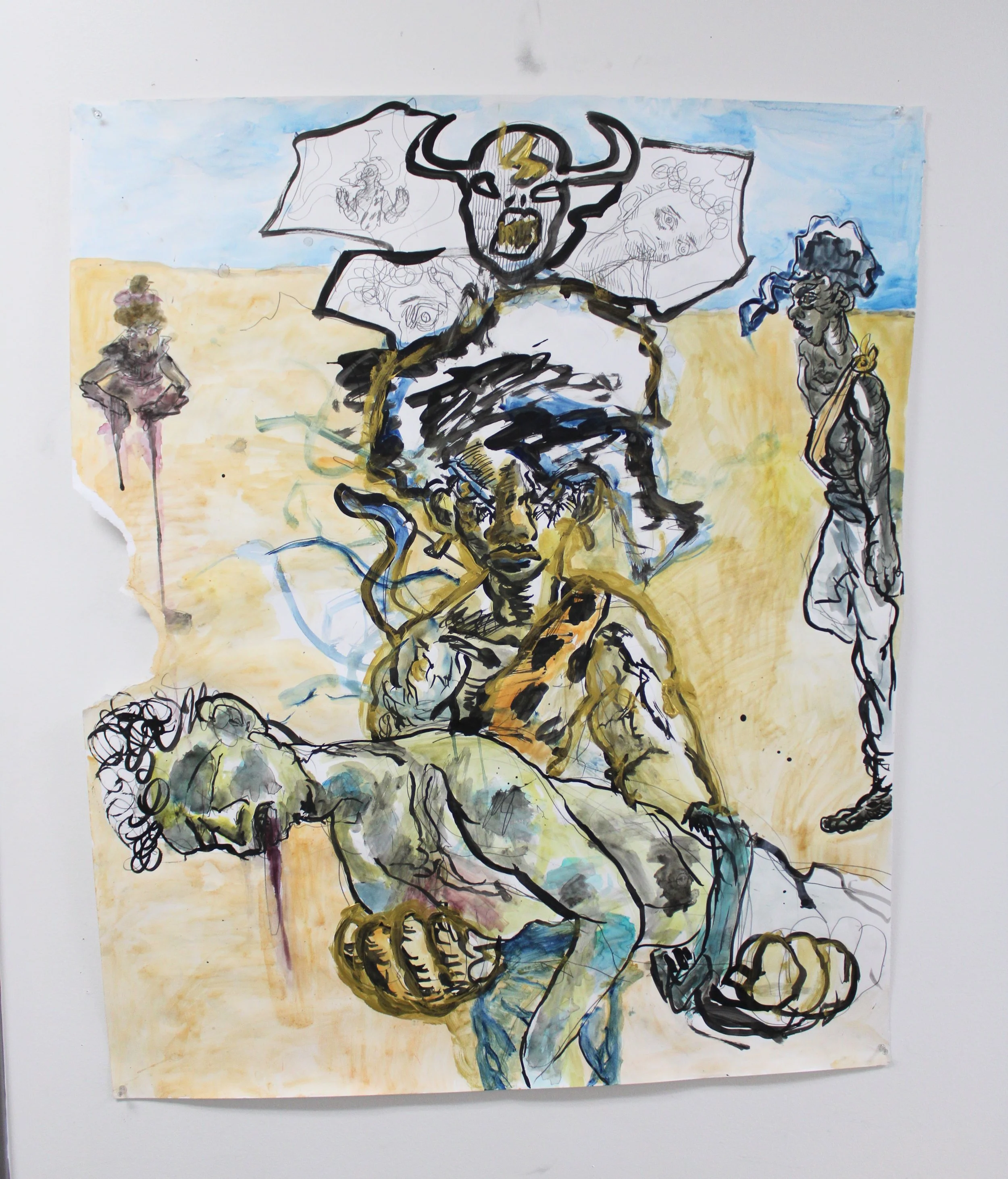 VI. Transformation, Ink, graphite pencil, watercolor, and acrylic on Mixed media paper, 42 inches x 35 inches, 2023.