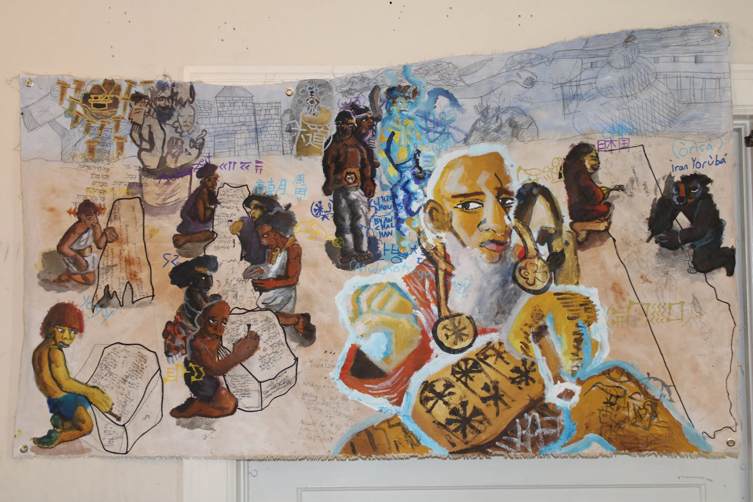 Axial(s) VIII: In Praise of Scribes, Acrylic, graphite pencil, posca markers, and carbon on Canvas, 38 x 62 inches, 2025.