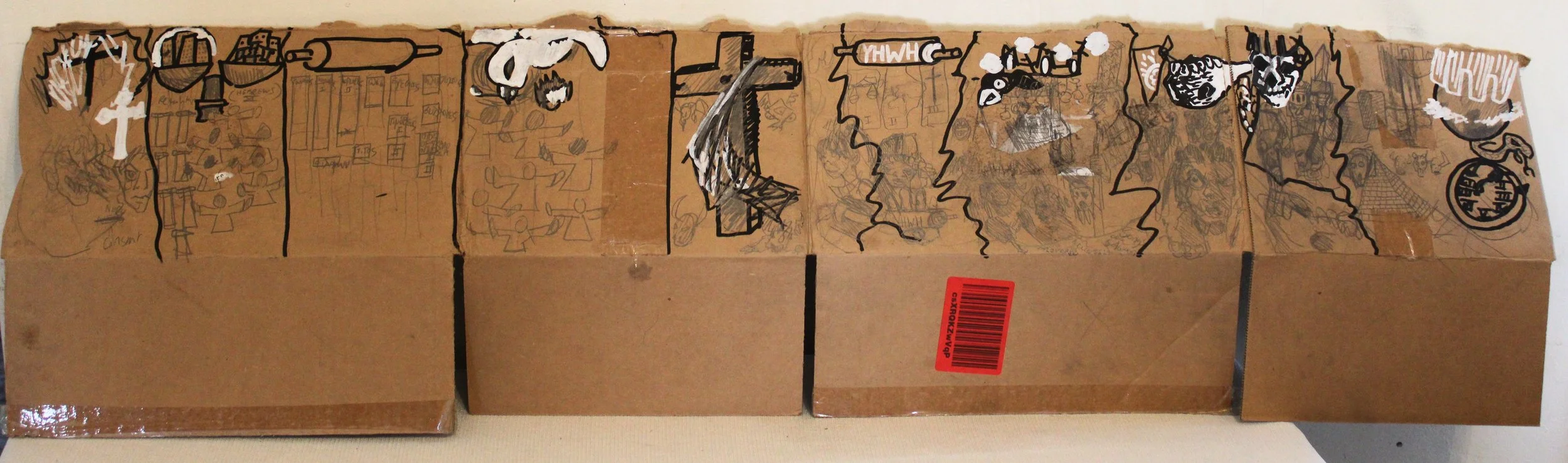 Scriptura Side A, Graphite pencil and posca markers on Cardboard, 47 x 13 inches, 2025.