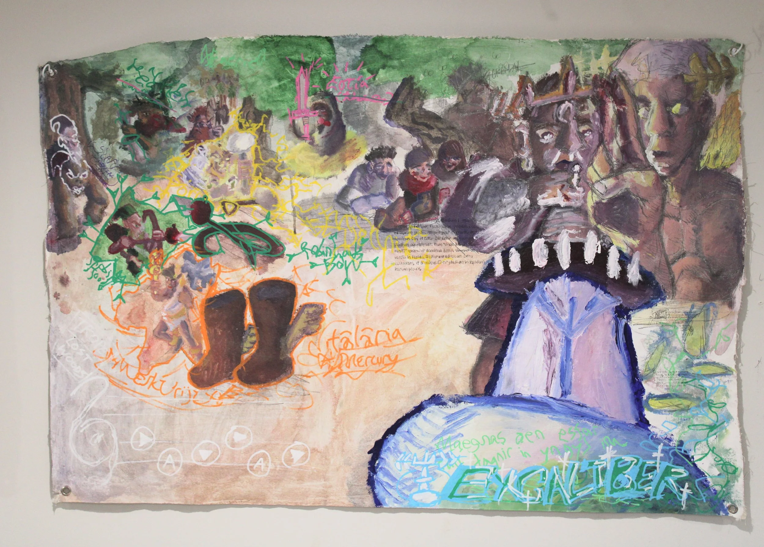 West II. Caliburnus, Acrylic, graphite pencil, posca markers, and carbon tracing on Canvas, 51 x 31 inches, 2025.