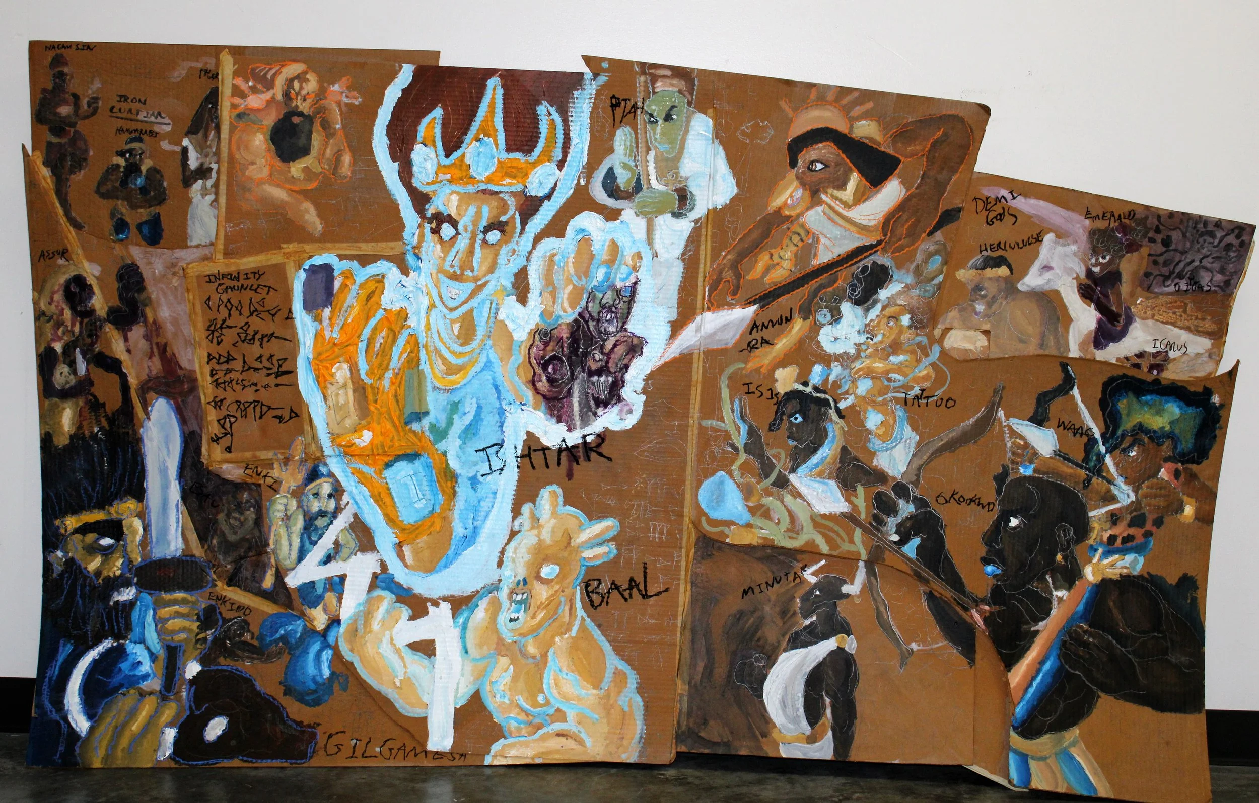 Legend of Ishtar, Acrylic paint and tape on Used cardboard, 52 inches x 92 inches, 2023.