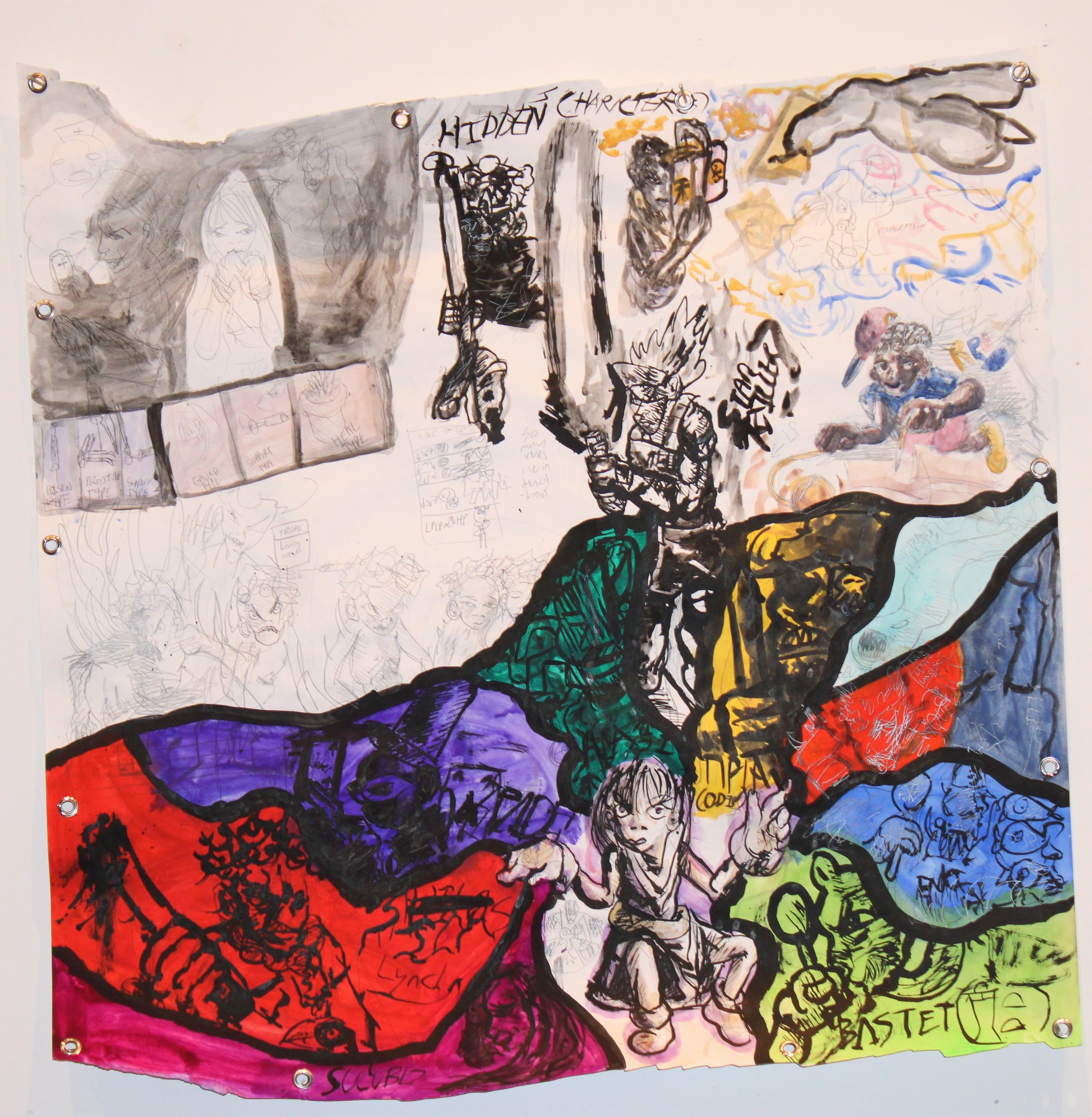 Hidden characters side B, Acrylic, ink, graphite pencil, gauche, and watercolor on Mixed media paper, 36 x 35 1/2 inches, 2024.
