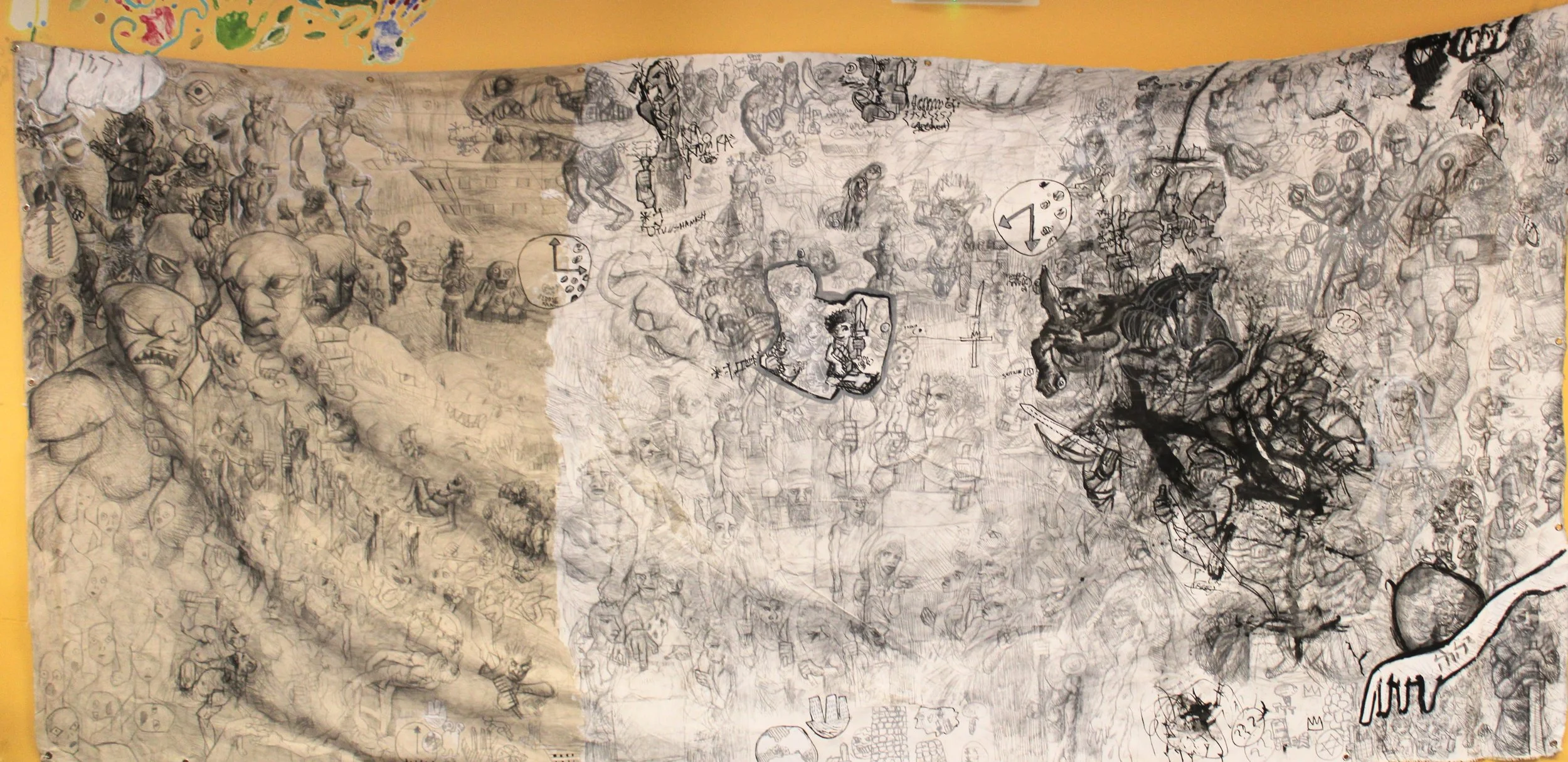 Ruins of Babel, Graphite pencil, ink, acrylic, posca markers and carbon on Canvas, 76 x 156 inches, 2025.