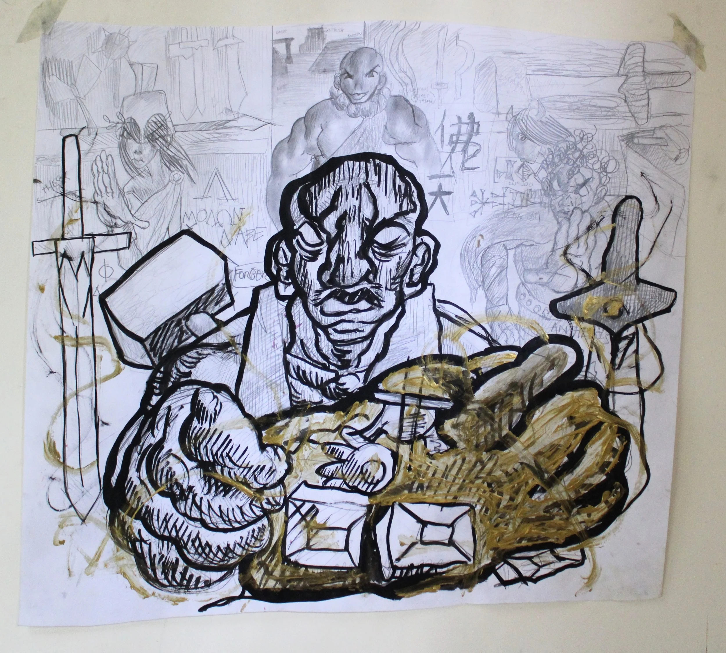 I. Forger (Interlude), Ink, graphite pencil, and acrylic paint on Mixed Media paper, 36 inches x 36 inches  2023.